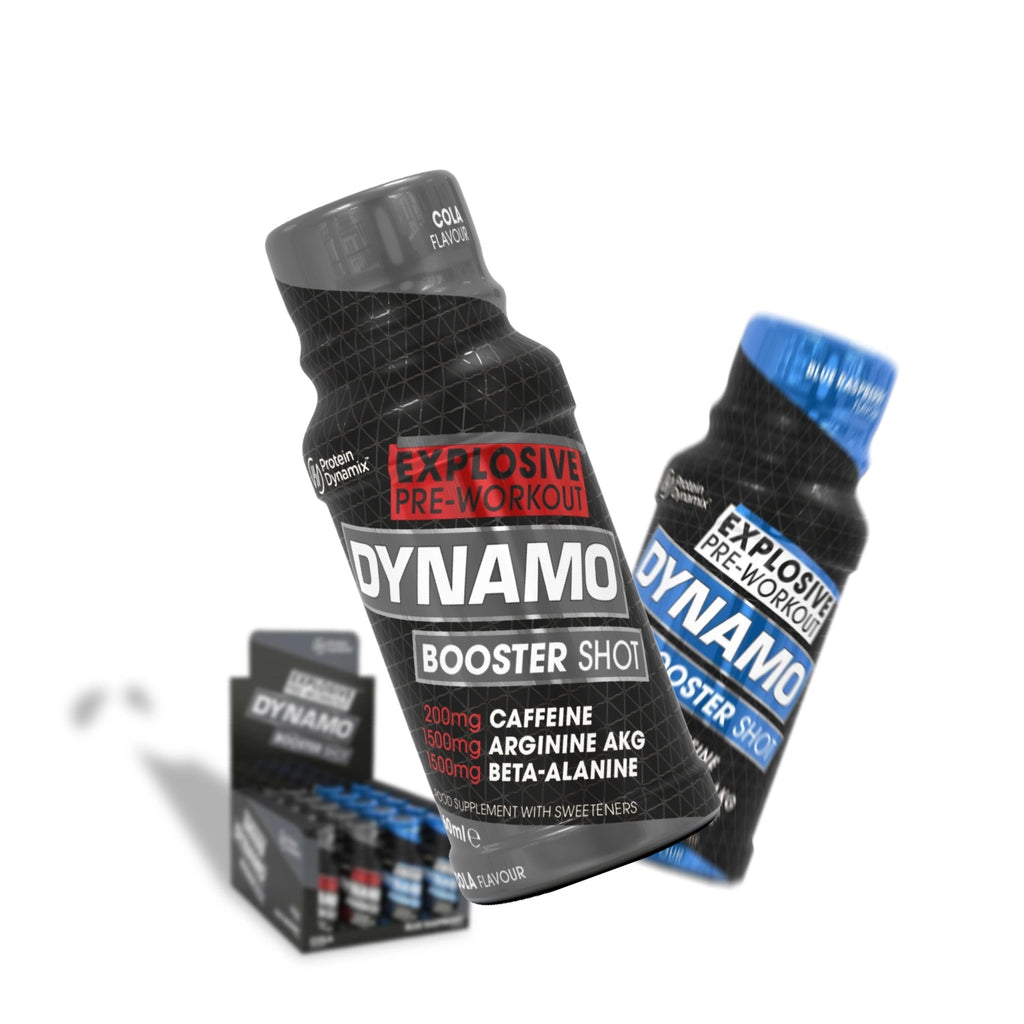 Two bottles of Dynamo Explosive Pre-Workout Booster Shot on a white background