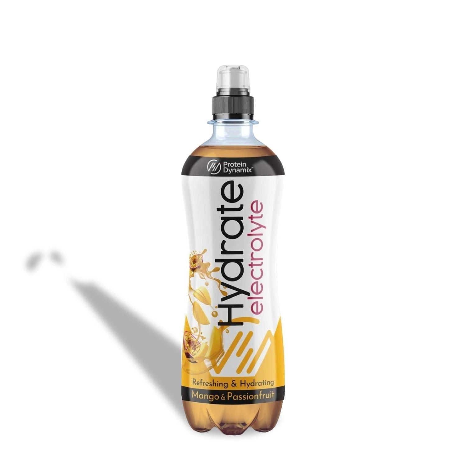 Hydrate Electrolyte bottle with mango and passionfruit flavor on a white background
