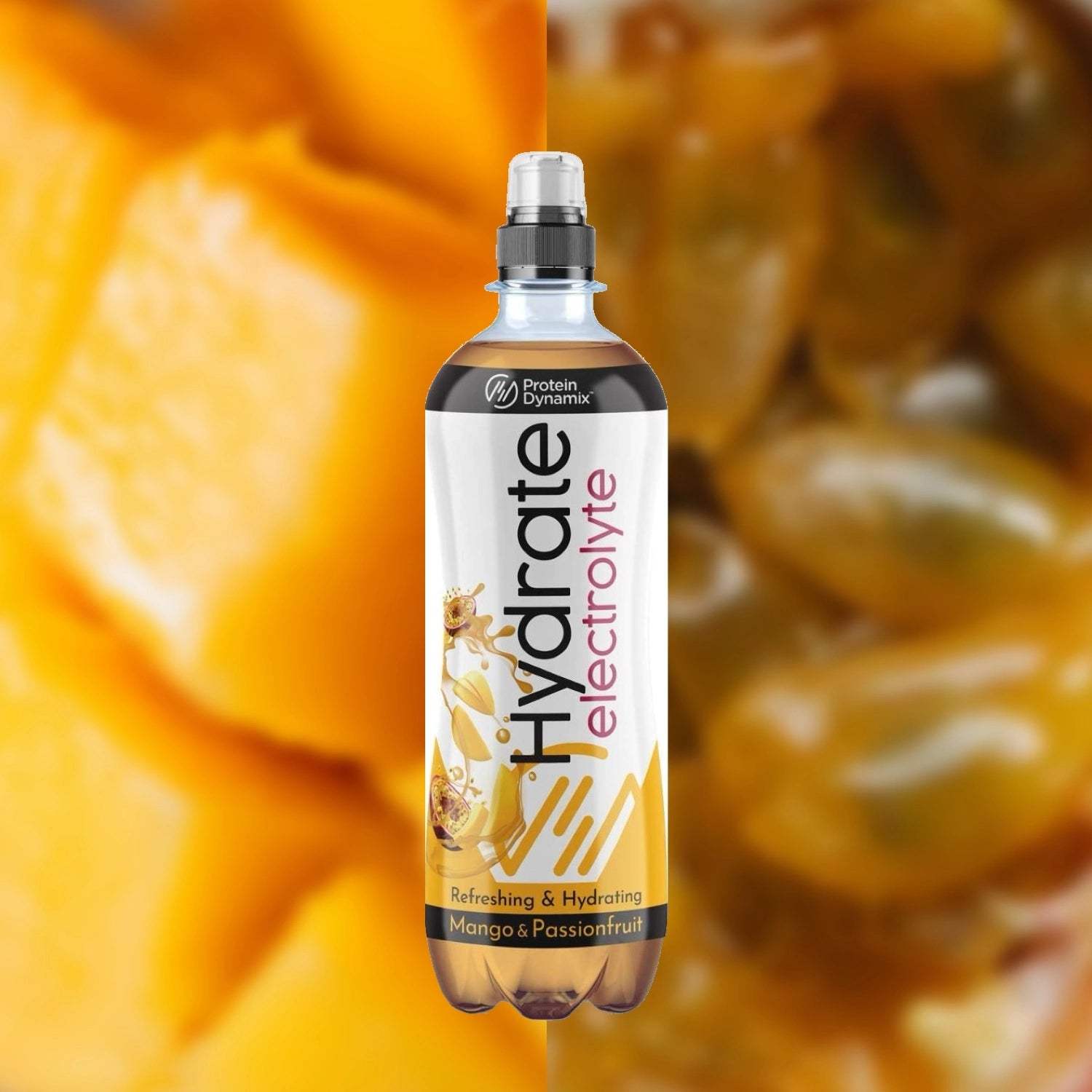 Hydrate electrolyte bottle with mango and passionfruit flavor against a blurred fruit background