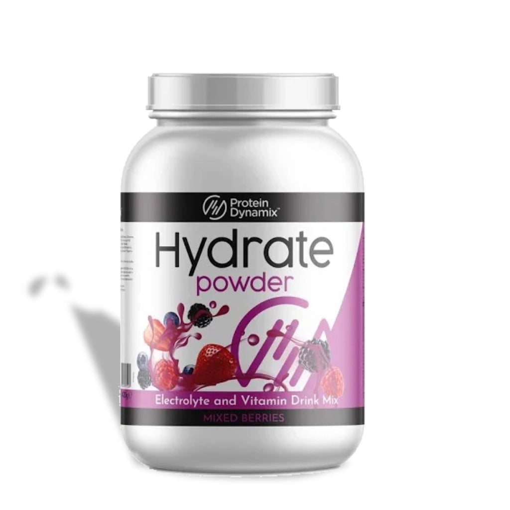 Protein Dynamix Hydrate powder container with a white background