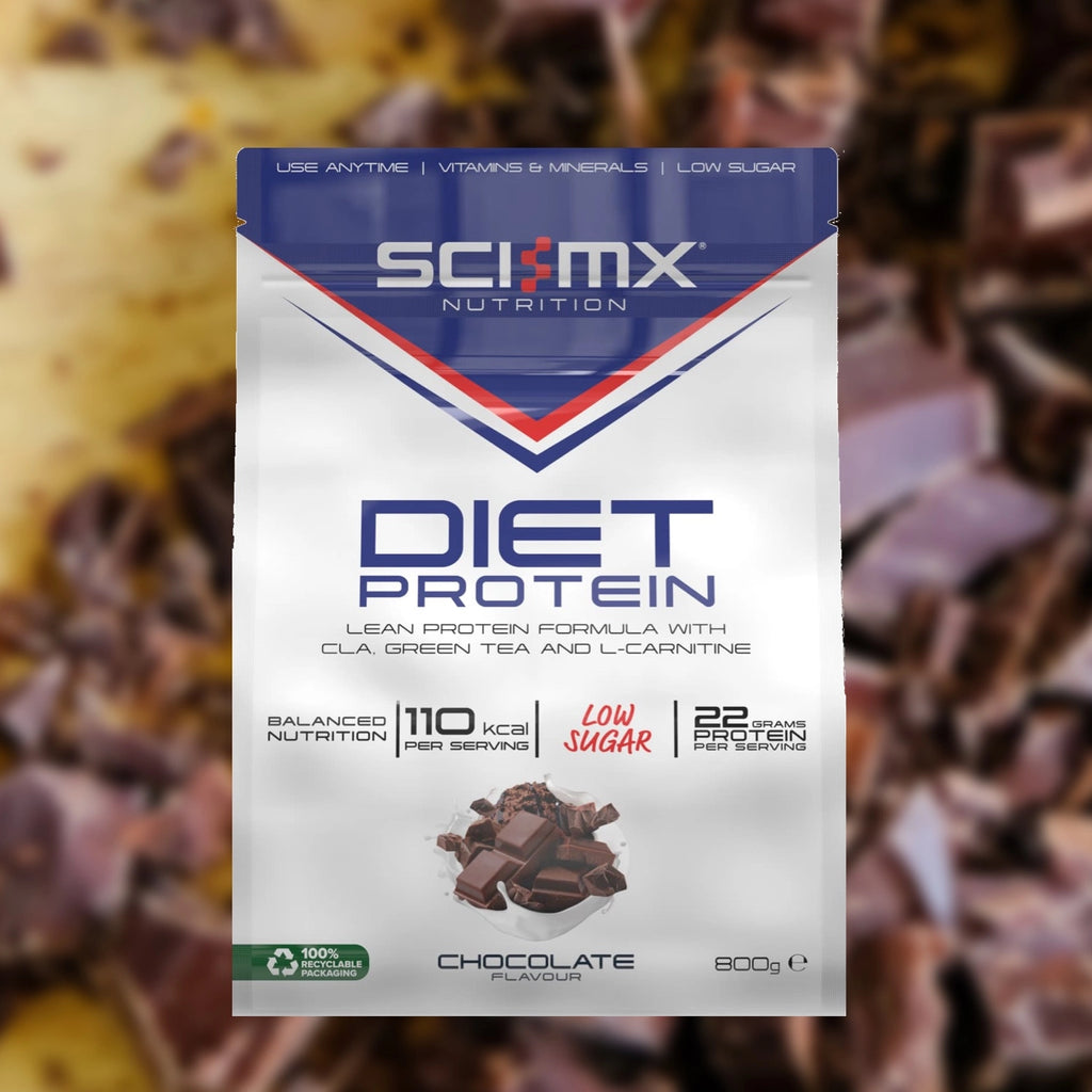 Sci-MX Nutrition Diet Protein package with a chocolate flavour on a blurred background of chocolate pieces.