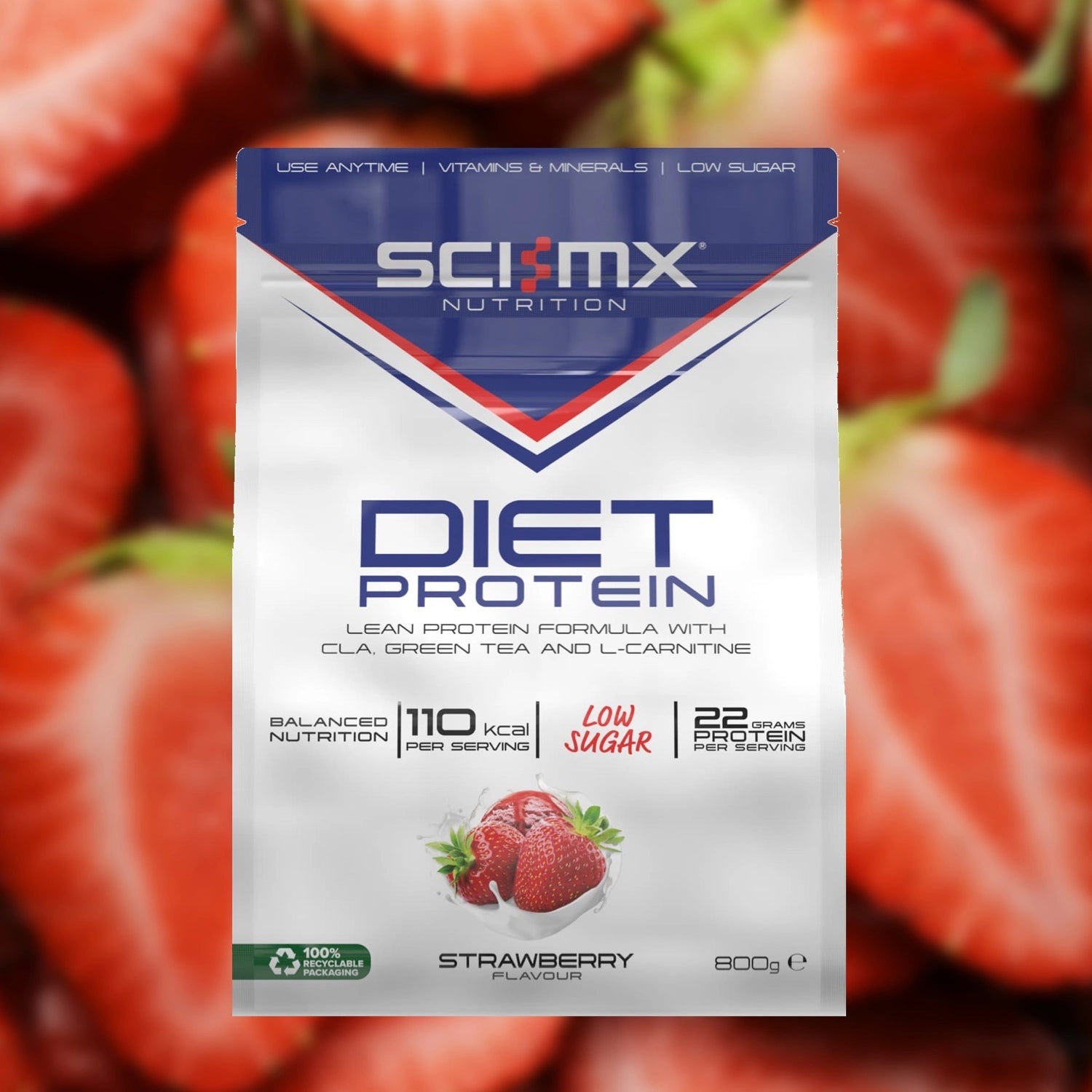 Sci-Mx Diet Protein package with strawberries in the background