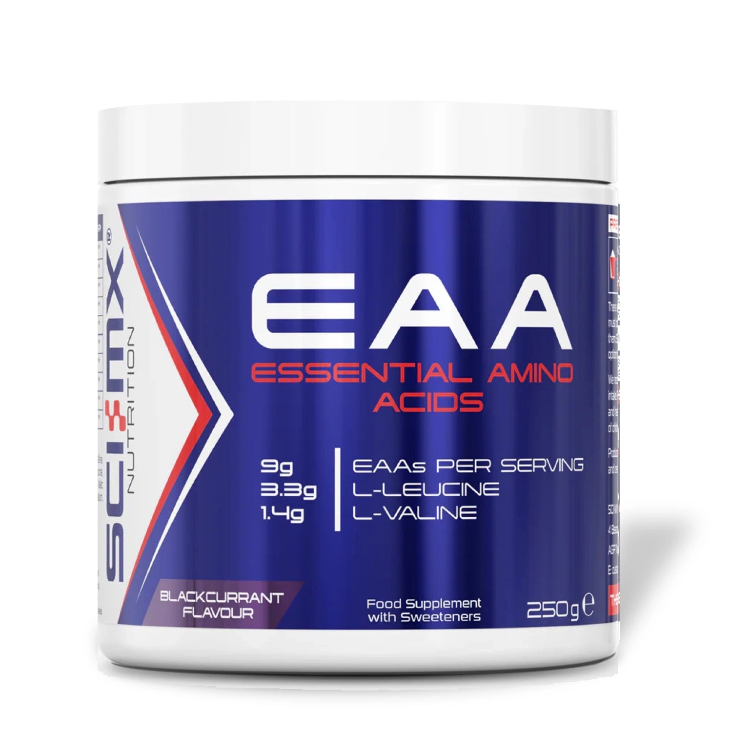 Container of SCI-MX EAA (Essential Amino Acids) supplement with blue and white label on a white background