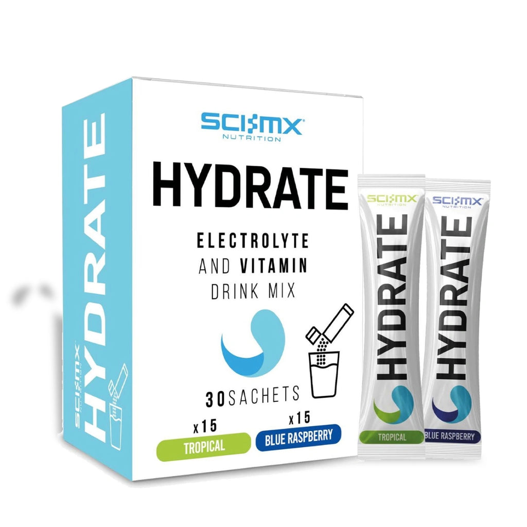 SciMx Hydrate electrolyte and vitamin drink mix packaging on a white background