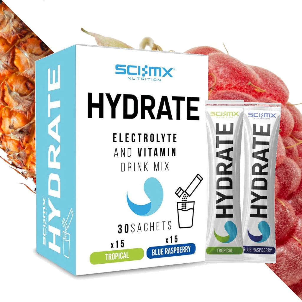 SciMx Hydrate electrolyte and vitamin drink mix packaging with fruit images.