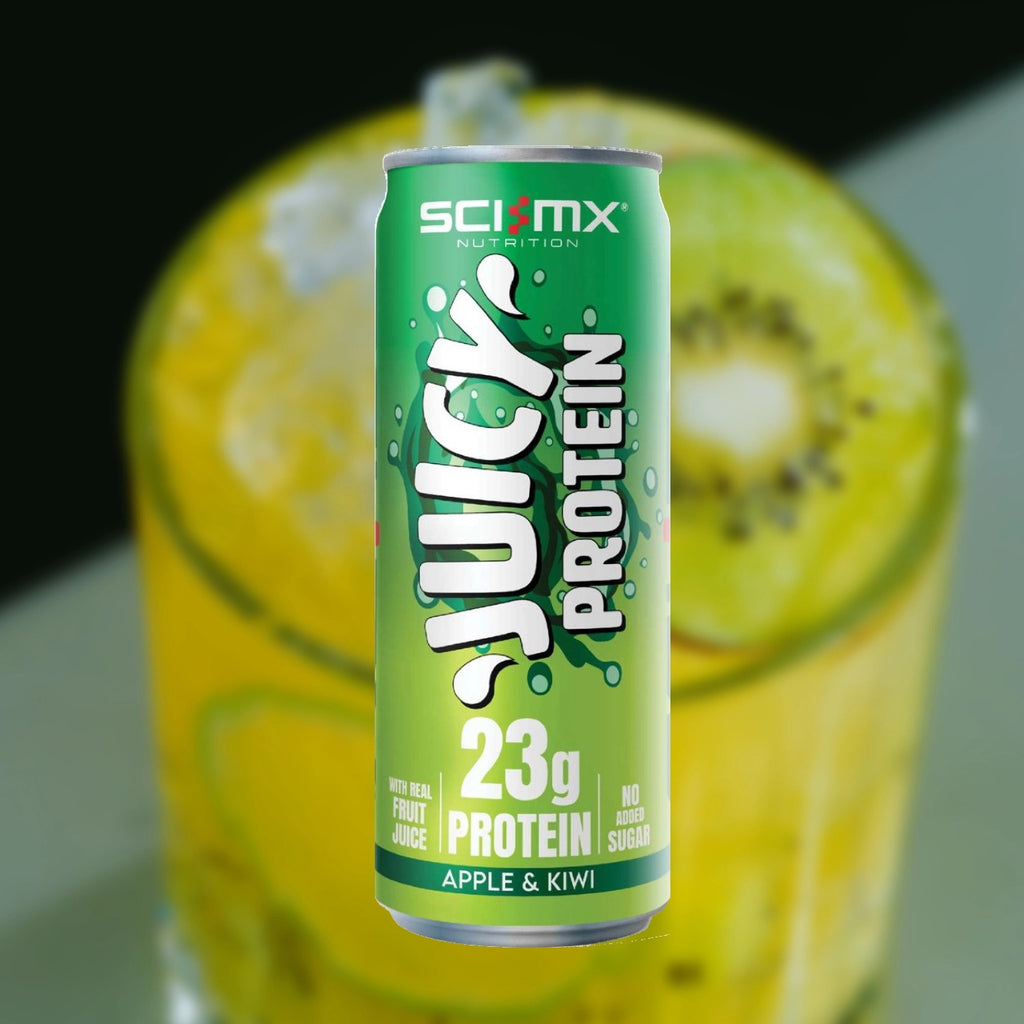 Sci-Mx Juicy Protein Apple and Kiwi can with a glass of apple and kiwi juice in the background