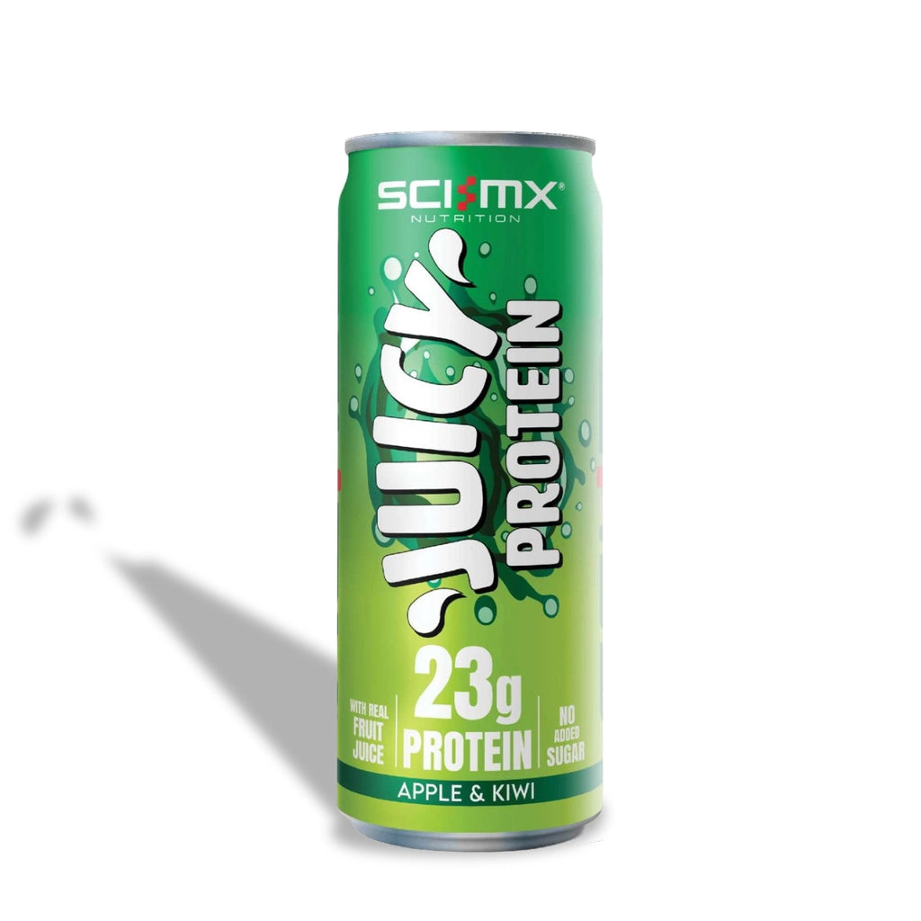 Sci-Mx Juicy Protein Apple and Kiwi can with green label on a white background