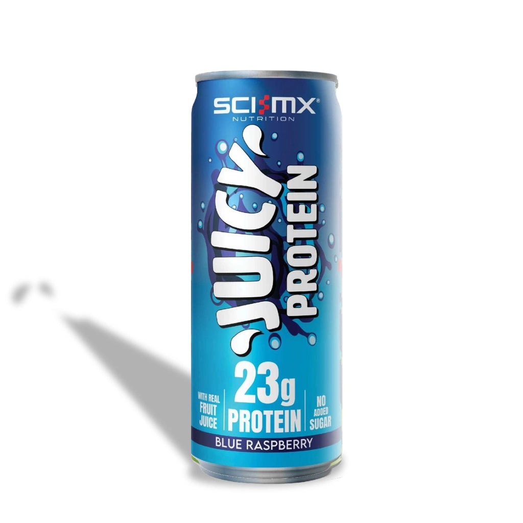 Sci Mx Juicy Protein can with blue raspberry flavour on a white background