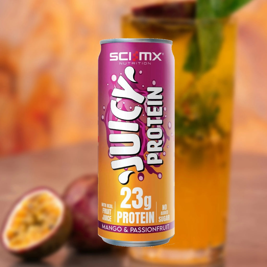 Sci-Mx Juicy Protein can with a glass of juice and passionfruit behind