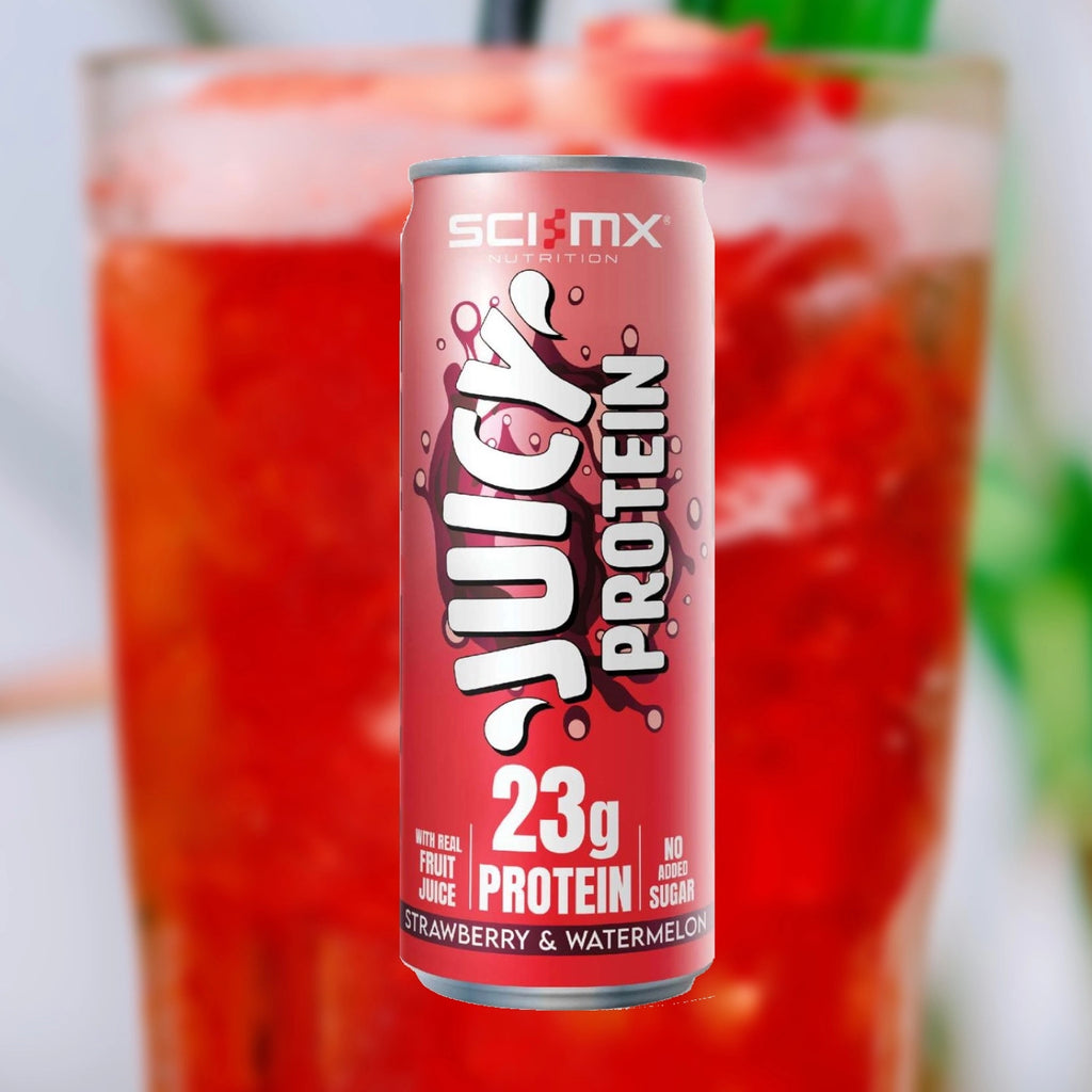 A can of sci mx Juicy Protein with a strawberry and watermelon drink in the background