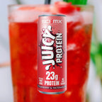A can of sci mx Juicy Protein with a strawberry and watermelon drink in the background