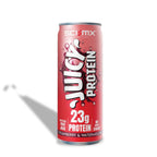 A can of sci mx Juicy Protein with a strawberry and watermelon on a white background