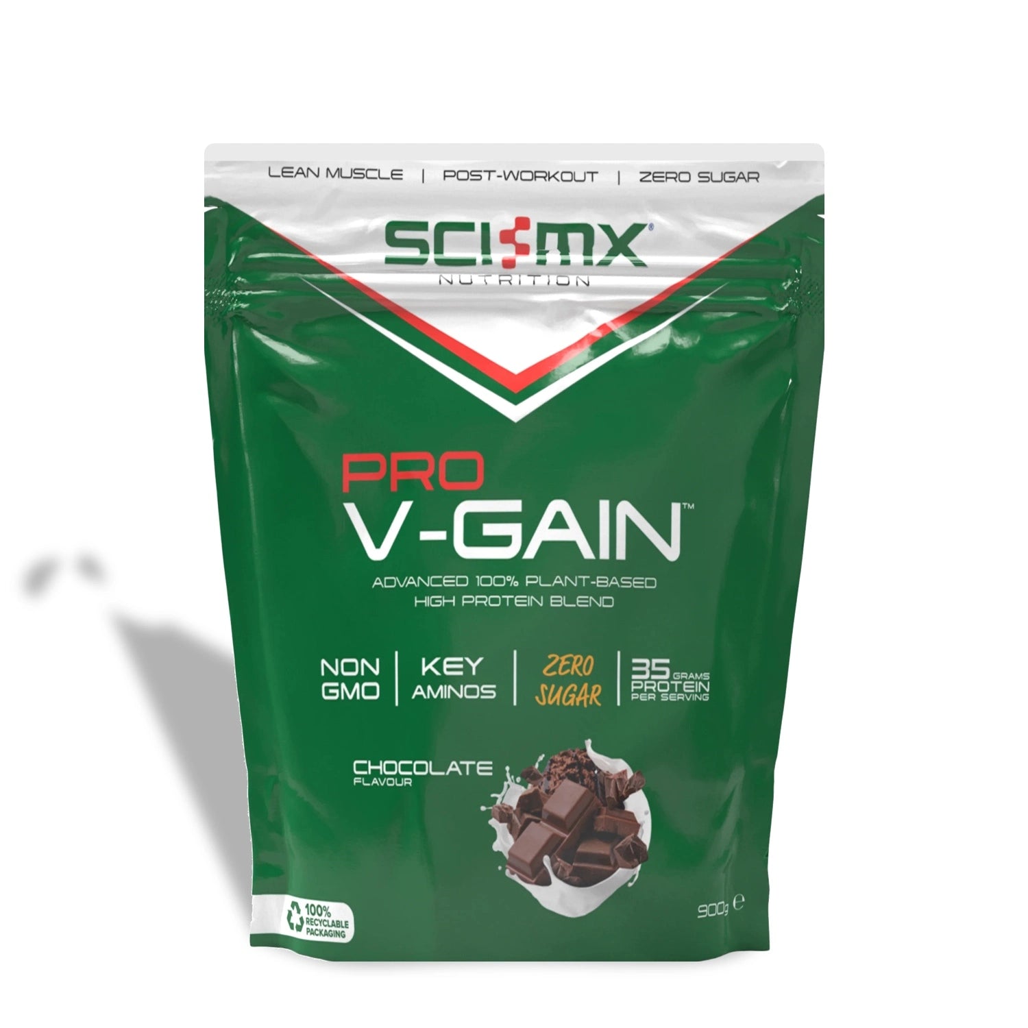 Sci-Mx Pro V-Gain protein powder package on a white background