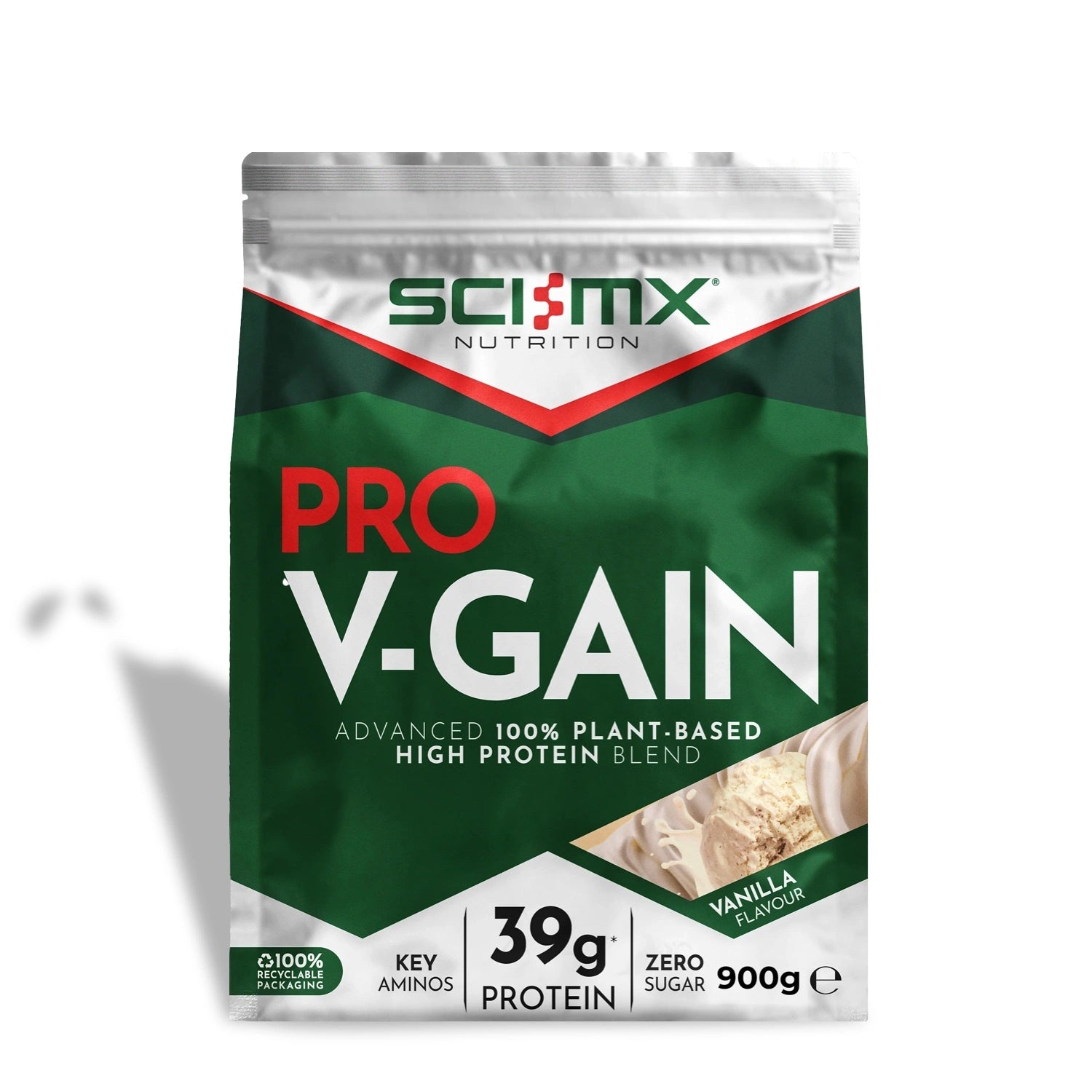 Sci-Mx Nutrition Pro V-Gain Vanilla protein package on a white background