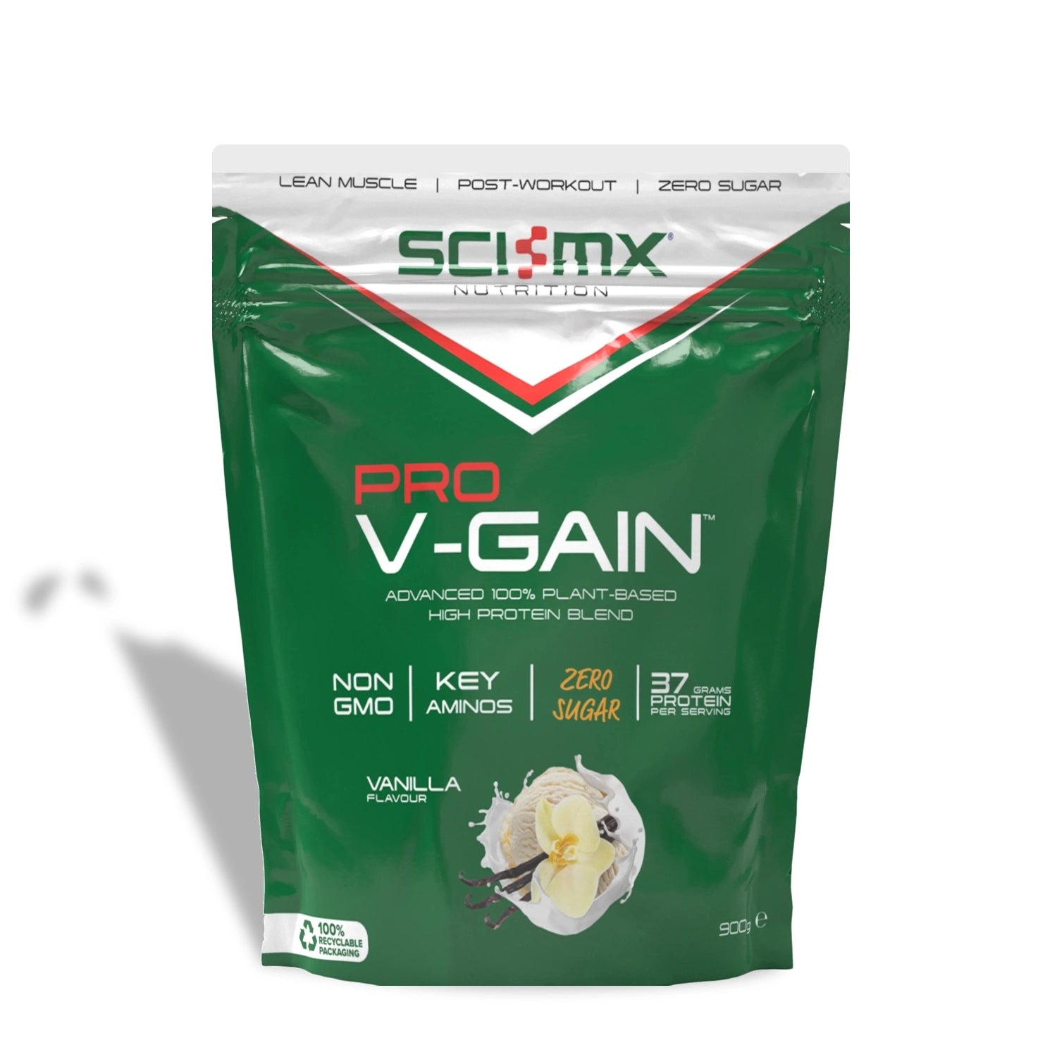Sci-Mx Pro V-Gain protein powder package on a white background