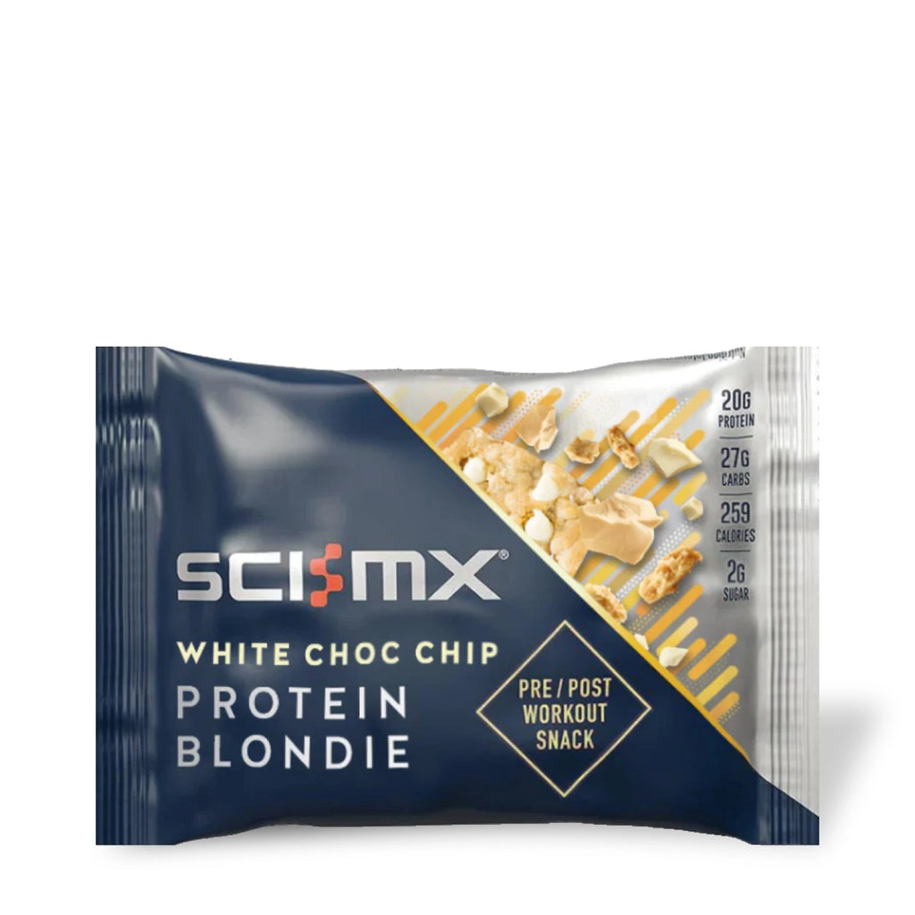 Sci-MX White Choc Chip Protein Blondie snack package on a white background