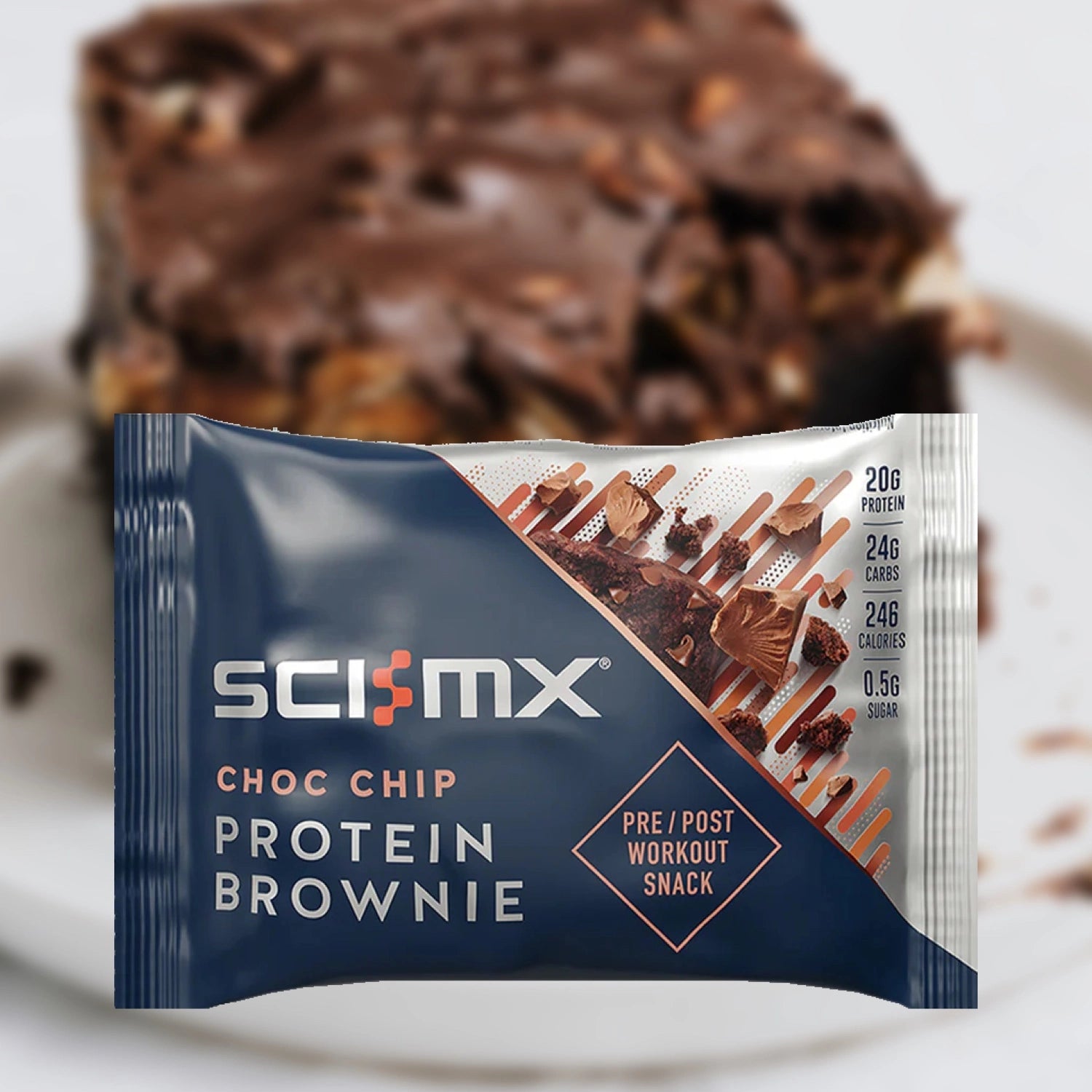 Sci-Mx Choc Chip Protein Brownie packaging with a brownie in the background