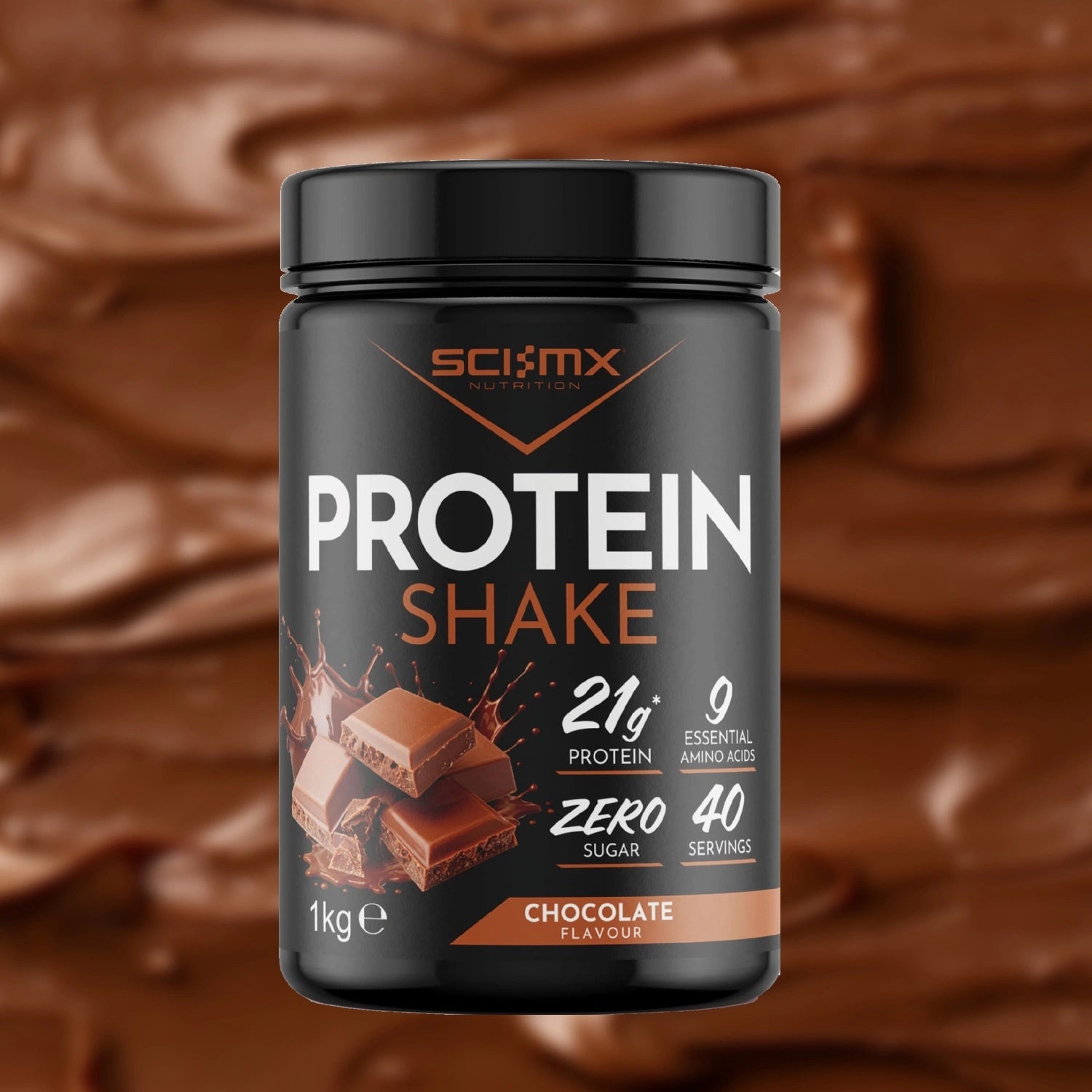Sci-Mx Protein Shake with Chocolate flavour on a background of smooth chocolate