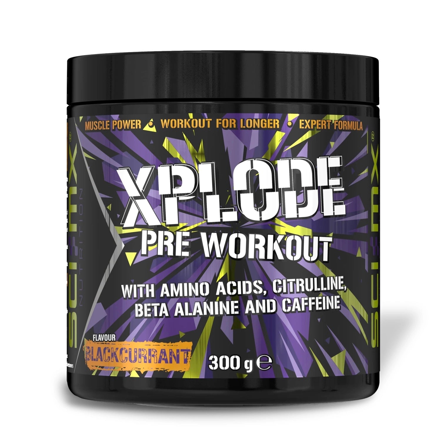 Pre-workout supplement container with 'Xplode' branding on a white background