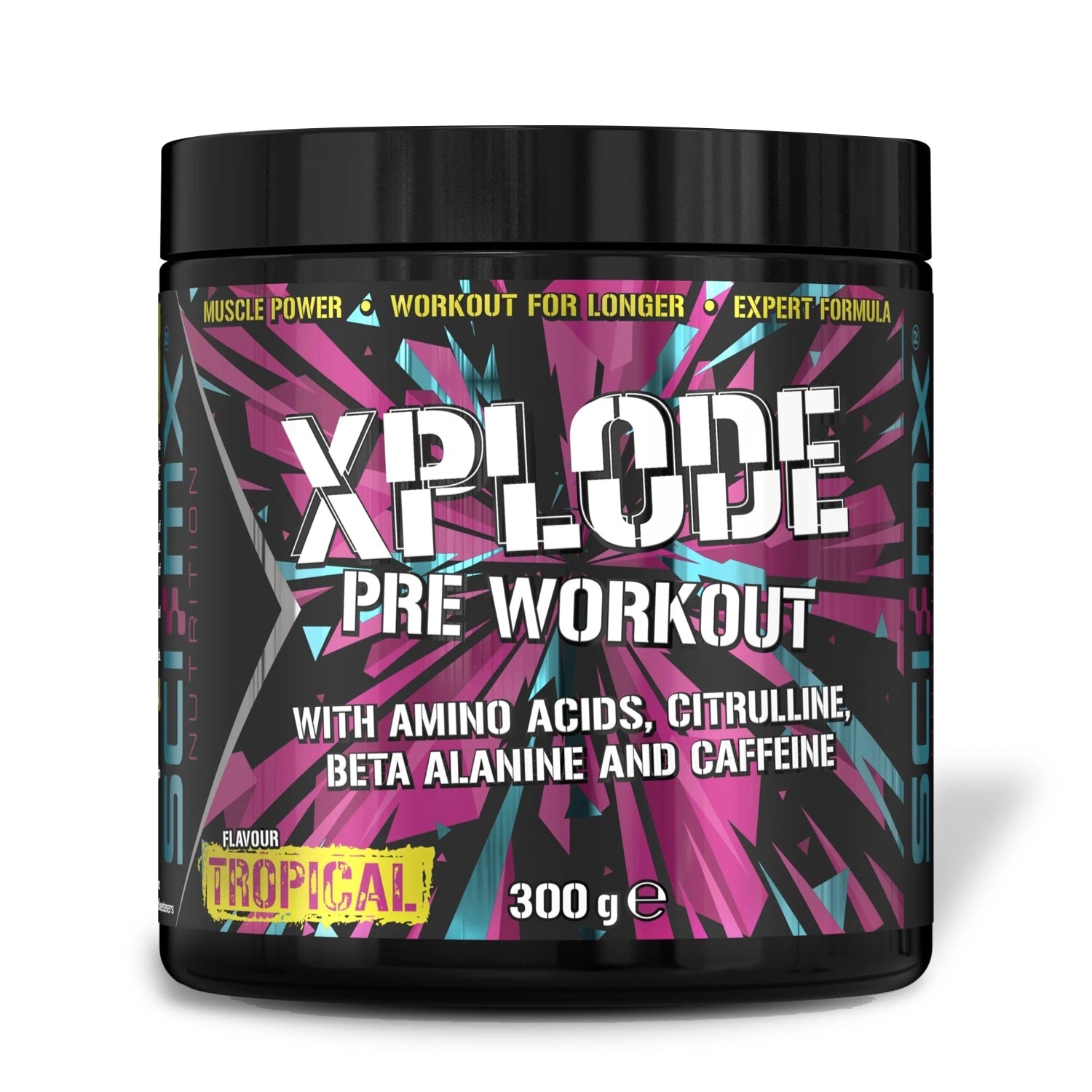 XPLODE pre-workout supplement container with colorful label on a white background