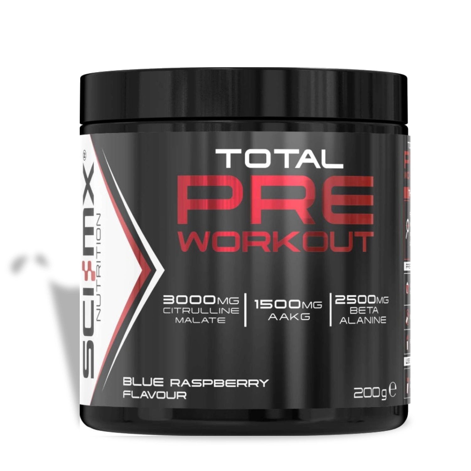 Black container of Total Pre Workout supplement with red and white text on a white background