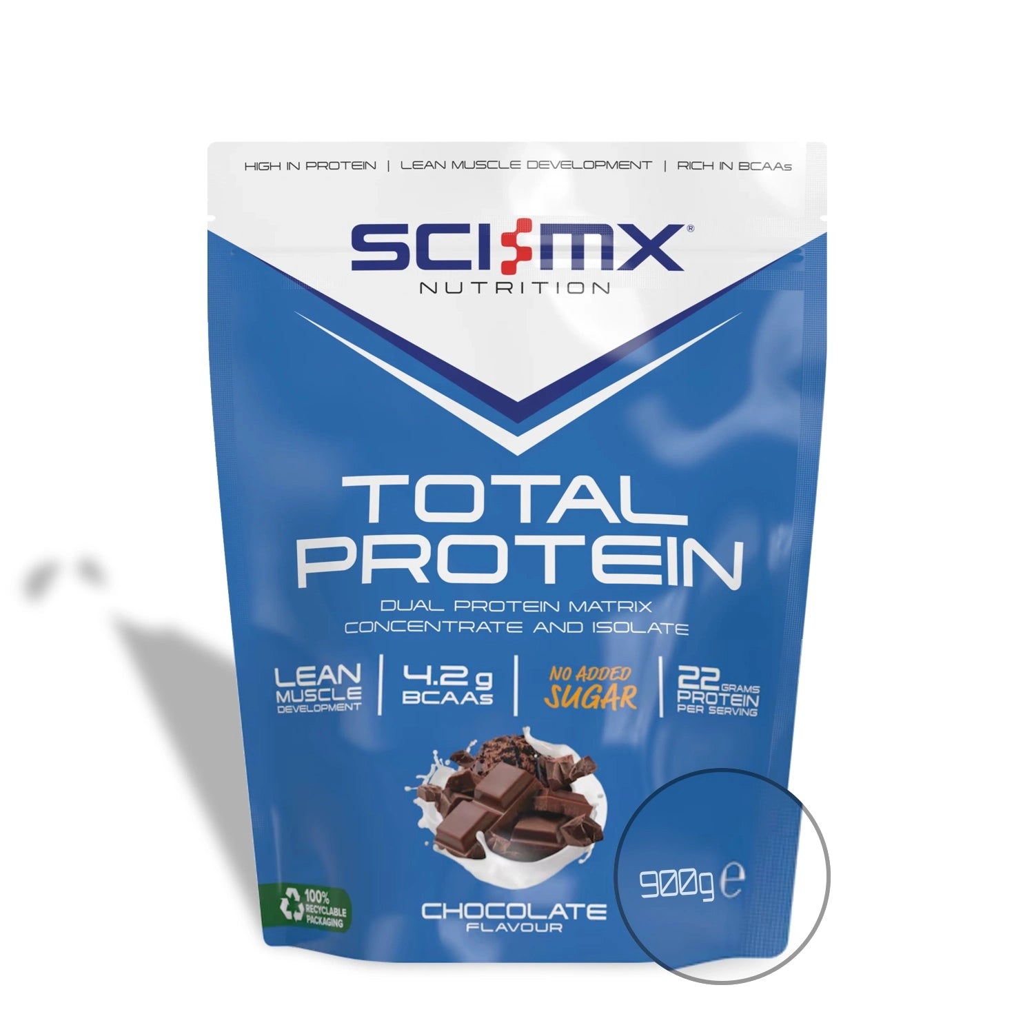 Sci-Mx Nutrition Total Protein package with chocolate flavour on a white background with 900g highlighted