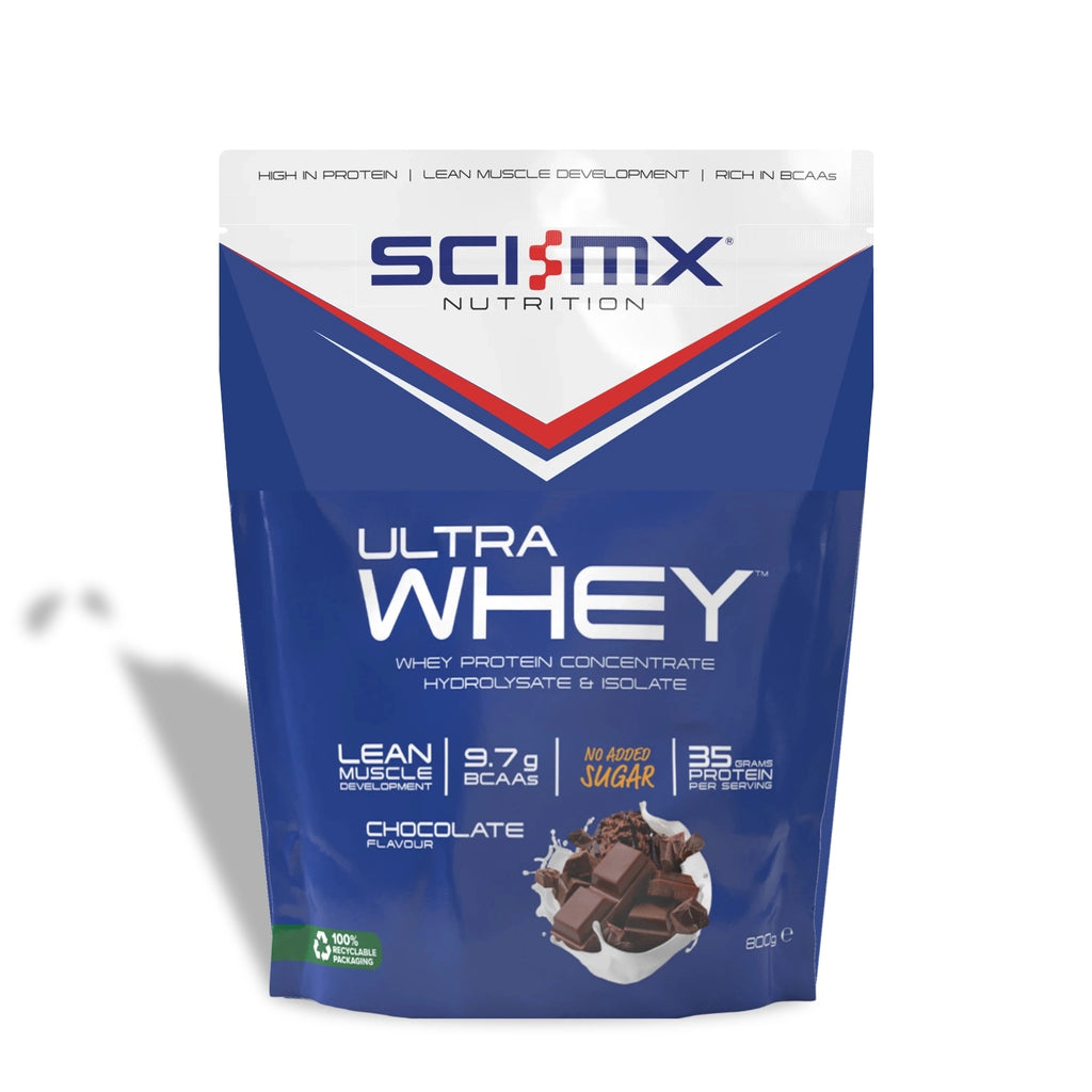 Sci-Mx Nutrition Ultra Whey protein with Chocolate flavour package on a white background