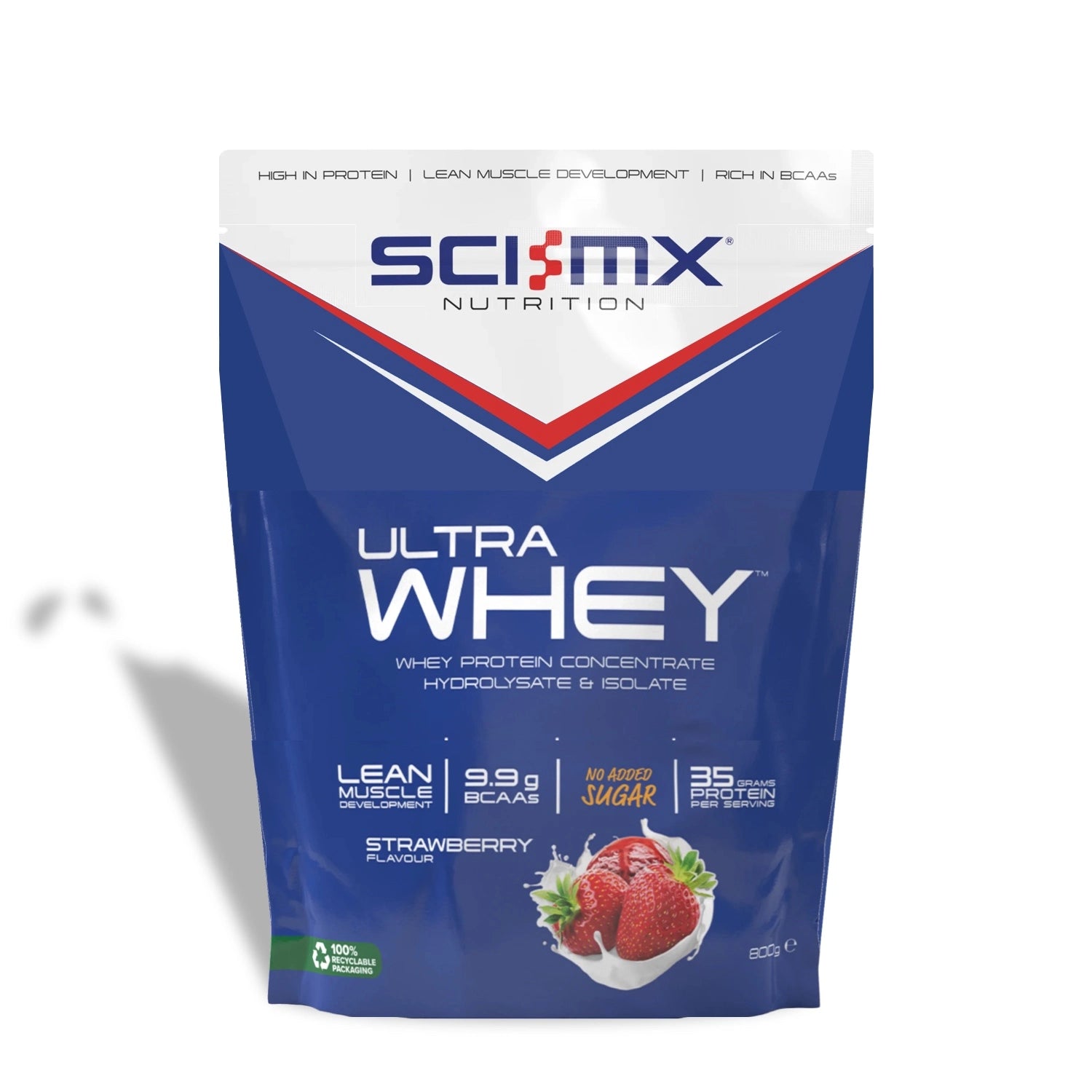 Sci-Mx Nutrition Ultra Whey protein powder with Strawberry Flavour on a white background