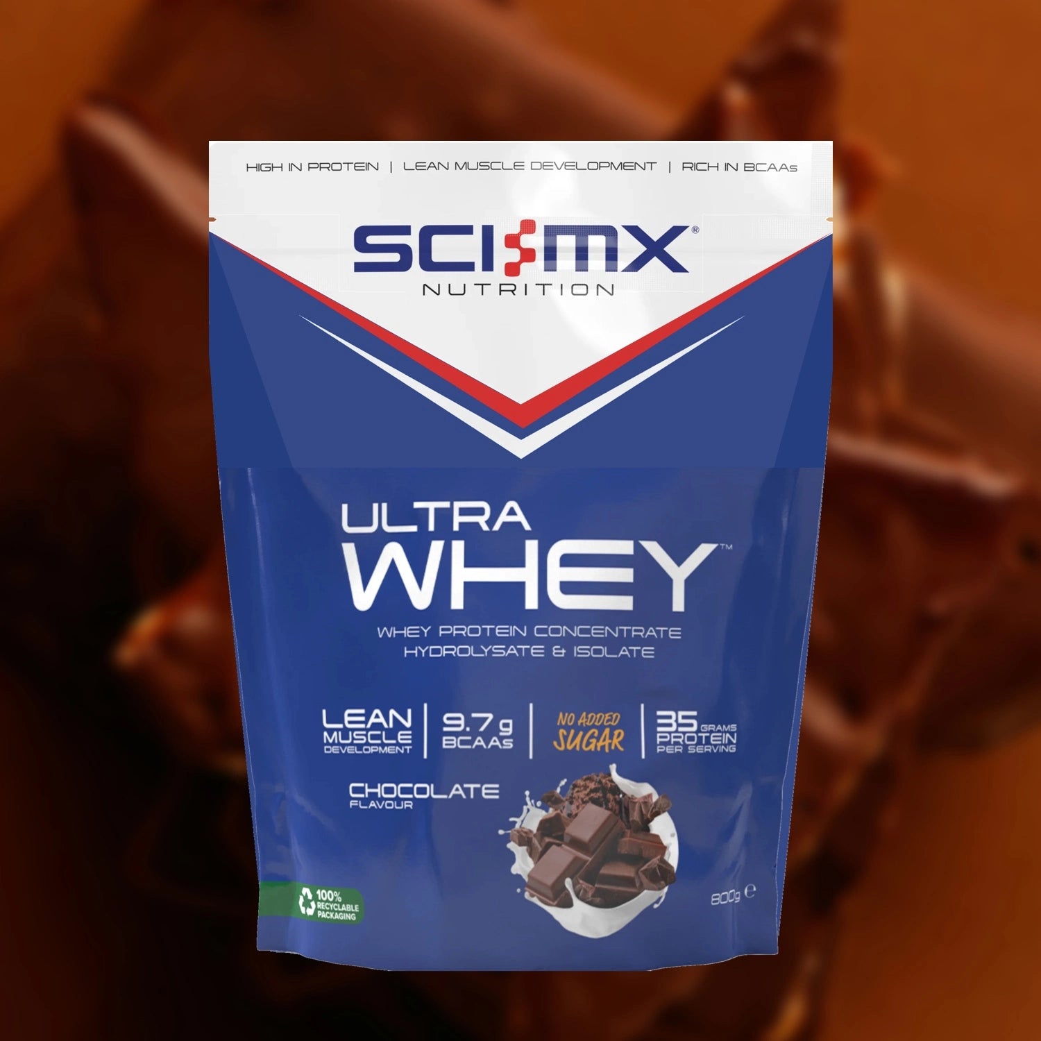 Sci-Mx Nutrition Ultra Whey protein package with chocolate flavour on a blurred chocolate image background