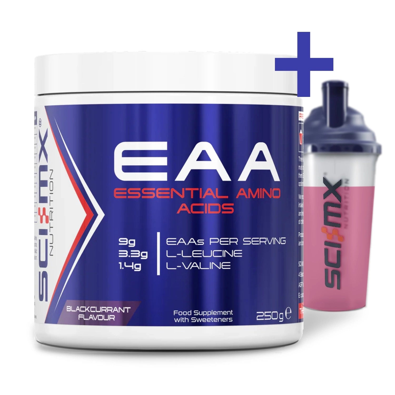 A white tub of SCI-MX Nutrition EAA (Essential Amino Acids) in blackcurrant flavour, shown alongside a pink shaker bottle with a blue lid. A blue plus sign is positioned above the tub, indicating a bundle or add-on presentation on a clean white background.