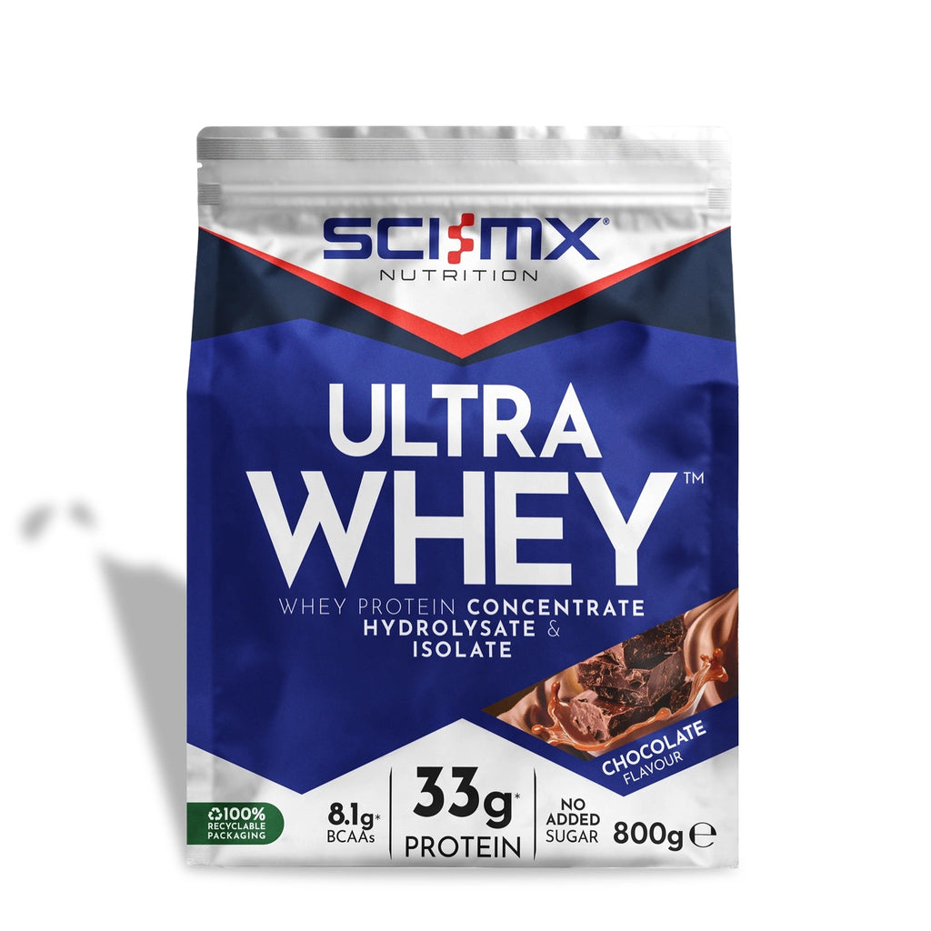 An 800g stand-up pouch of Sci-Mx Nutrition Ultra Whey Chocolate Flavour protein powder, featuring a blue and white design with red accents and a chocolate swirl graphic.