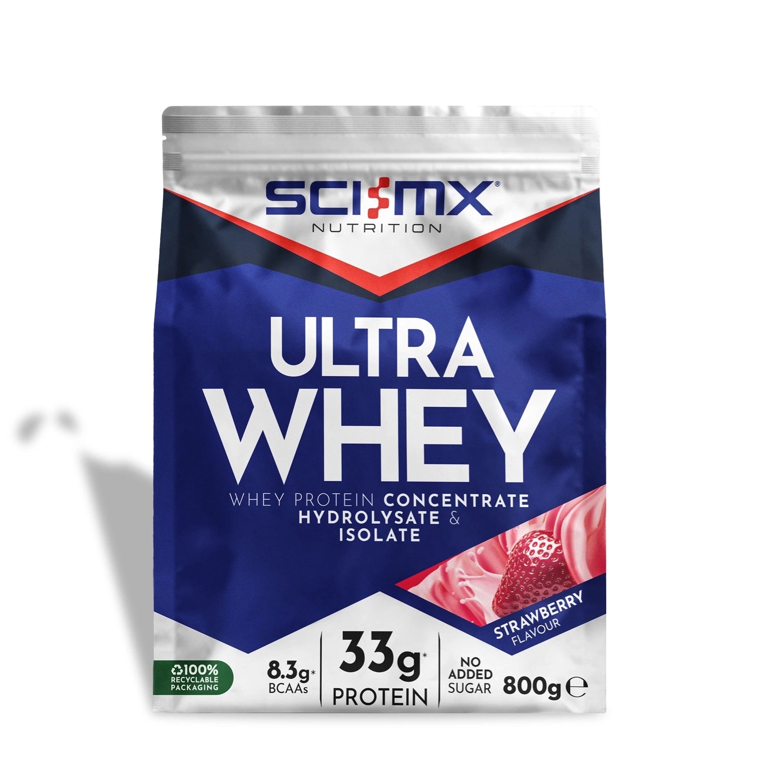 An 800g pouch of SCI-MX Nutrition Ultra Whey Strawberry Flavour protein powder, featuring a dark blue and white design with red accents and a strawberry graphic.
