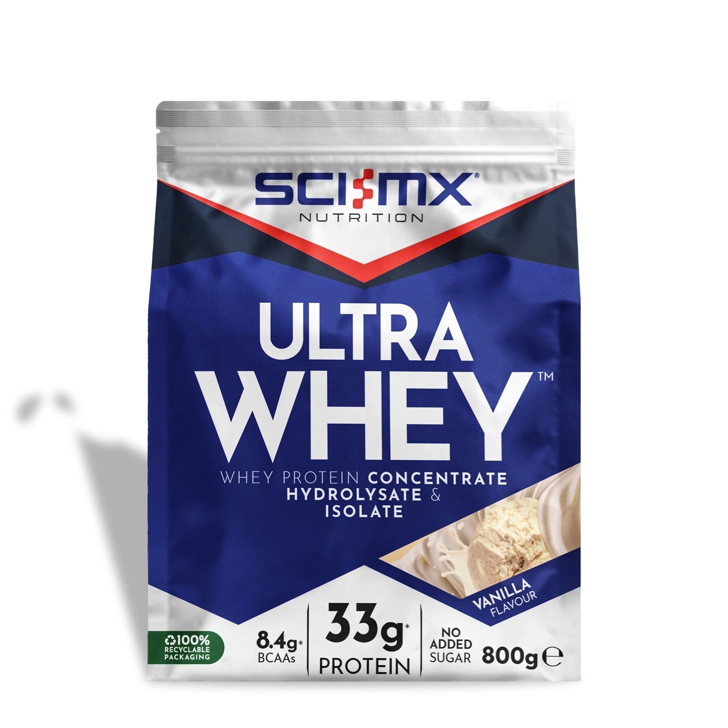 A 800g stand-up pouch of Sci-MX Nutrition Ultra Whey Vanilla Flavour protein powder, featuring a blue and white design with red accents.