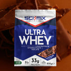 An 800g bag of Sci-MX Nutrition Ultra Whey Chocolate Flavour protein powder, shown against a dark brown background of chocolate swirls. The packaging is blue, white, and red, with the brand name 'SCI-MX NUTRITION' clearly visible at the top.