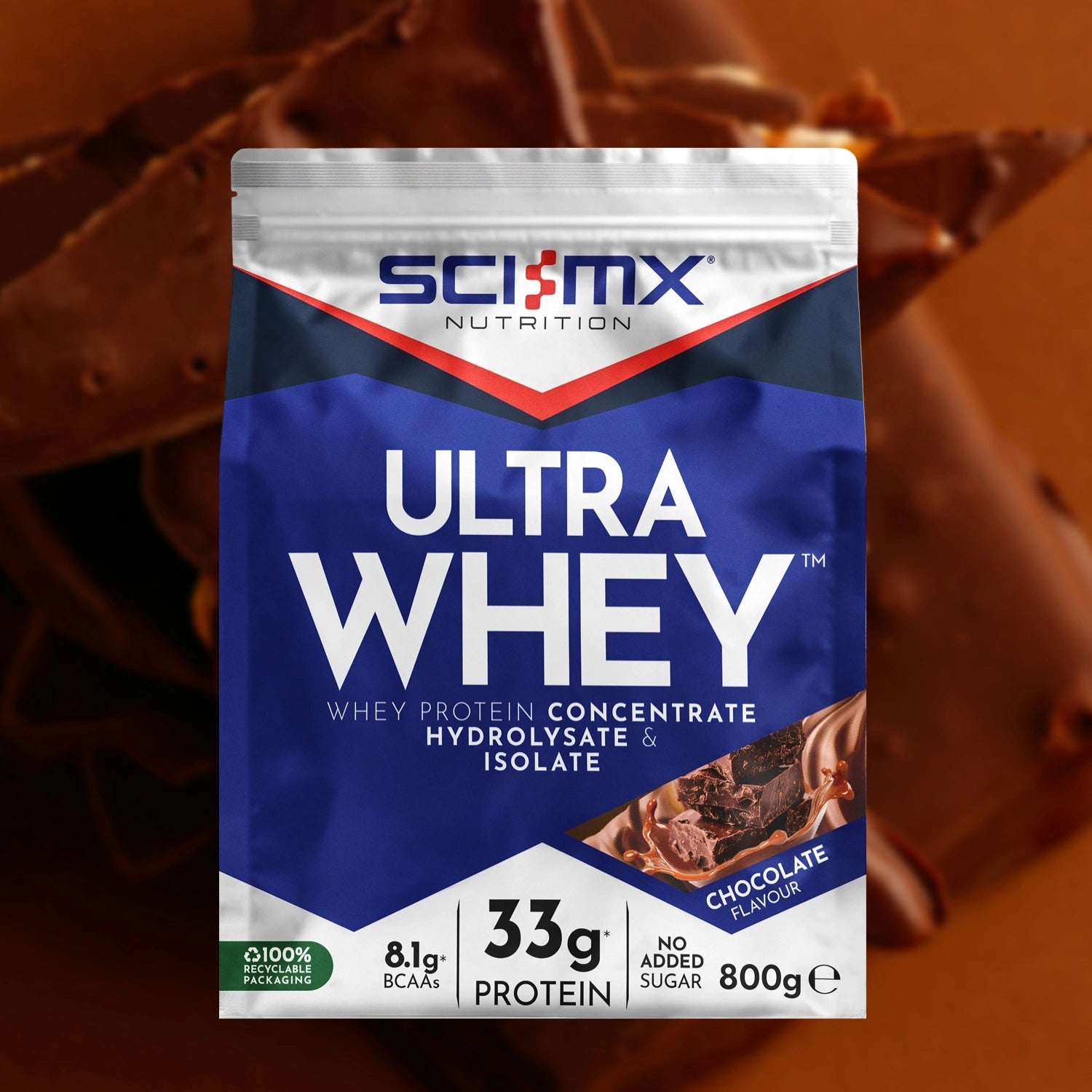 An 800g bag of Sci-MX Nutrition Ultra Whey Chocolate Flavour protein powder, shown against a dark brown background of chocolate swirls. The packaging is blue, white, and red, with the brand name 'SCI-MX NUTRITION' clearly visible at the top.