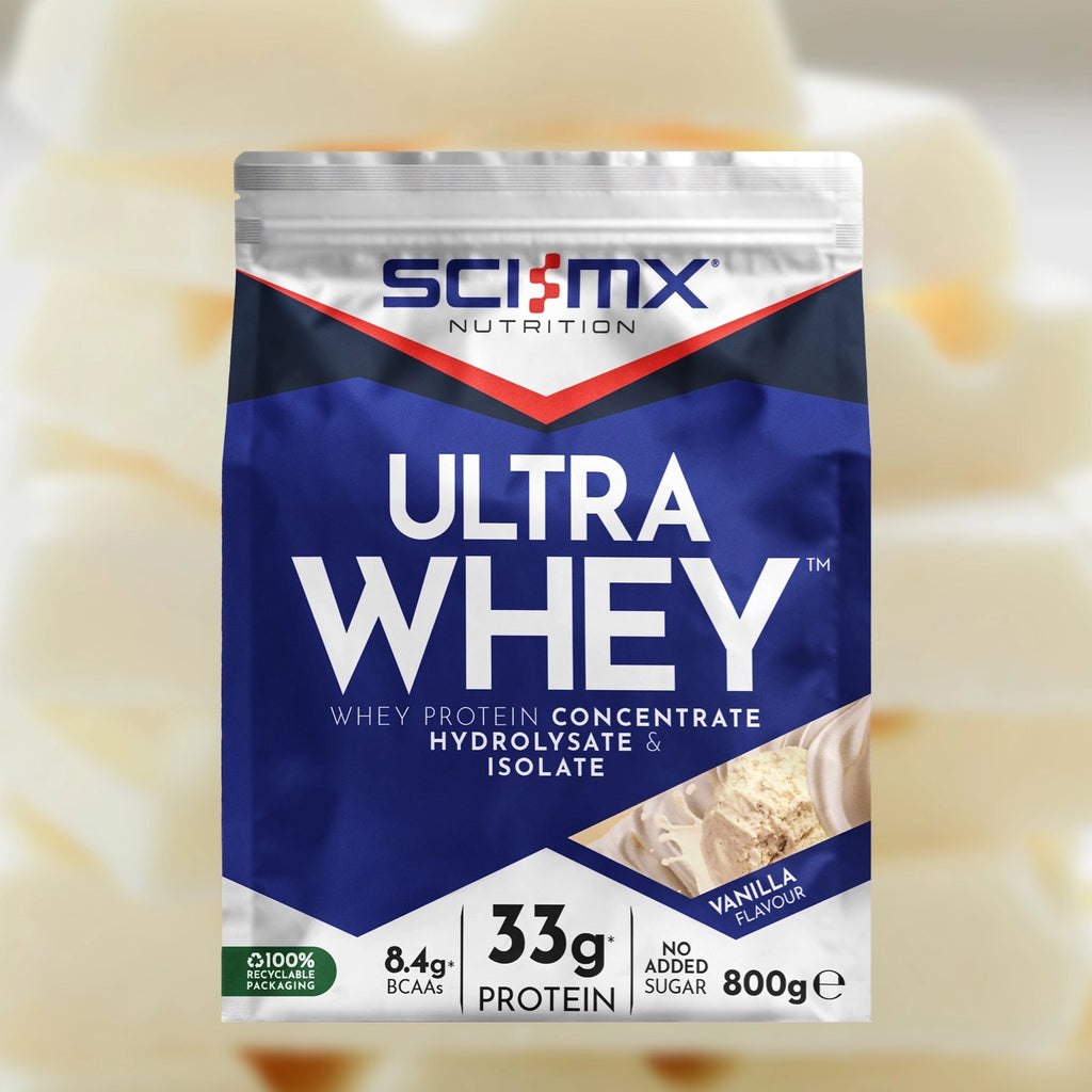 An 800g bag of Sci-MX Nutrition Ultra Whey Vanilla Flavour protein powder, shown against a soft-focus vanilla background.