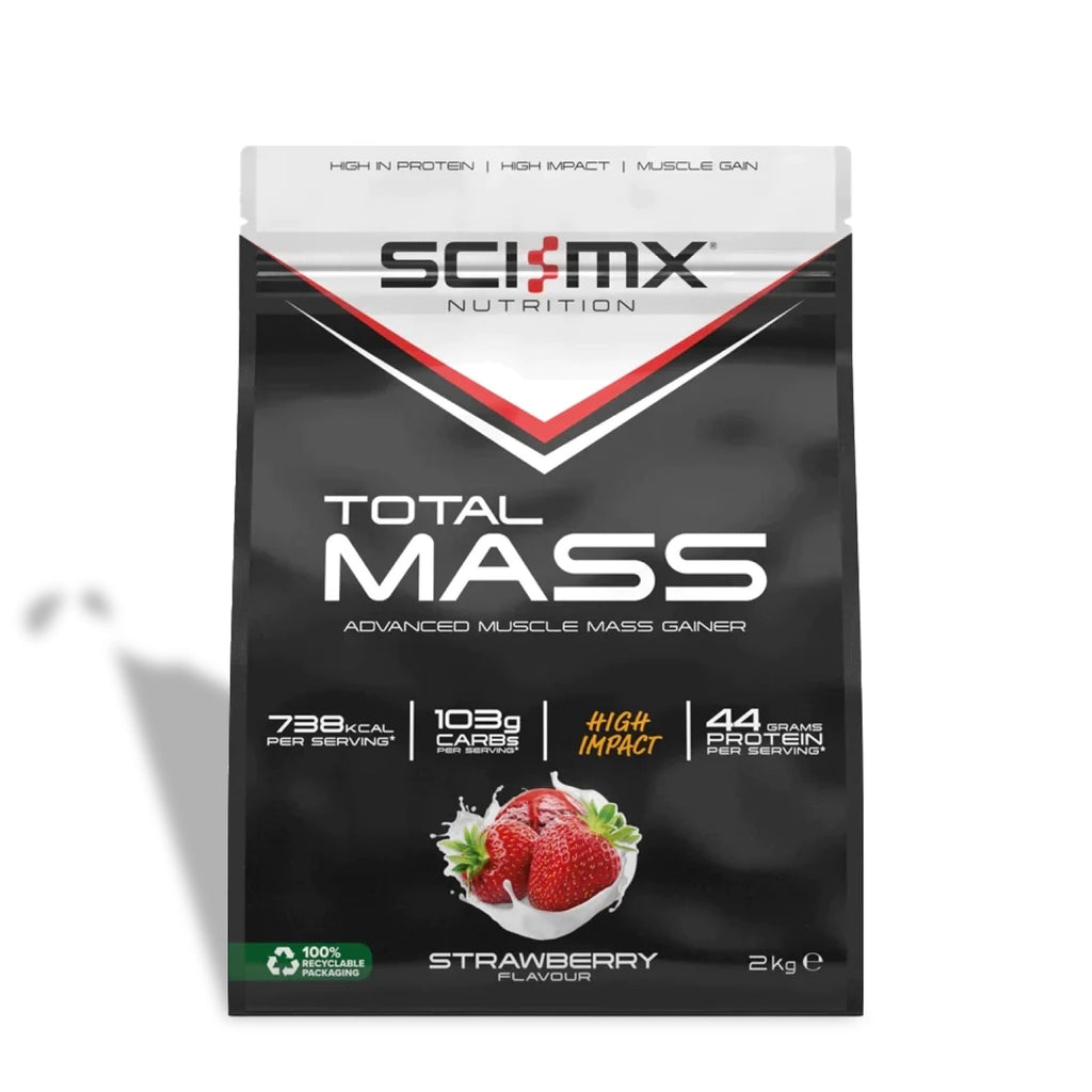 Sci-MX Nutrition Total Mass supplement package with strawberry flavour on a white background
