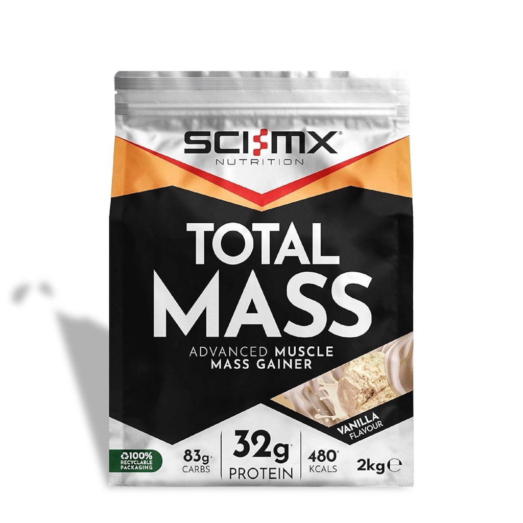 Sci-Mx Total Mass muscle mass gainer vanilla flavour on a white background