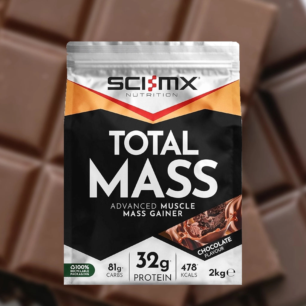 Sci-mx Nutrition Total Mass supplement in chocolate flavour on a chocolate background