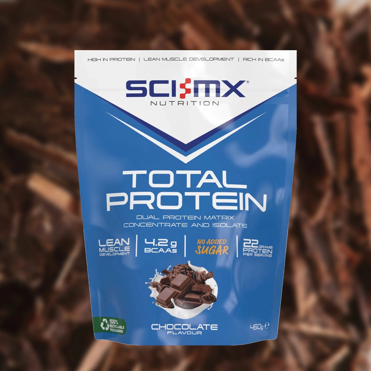 Sci-Mx Nutrition Total Protein package with chocolate flavour on a blurred chocolate background
