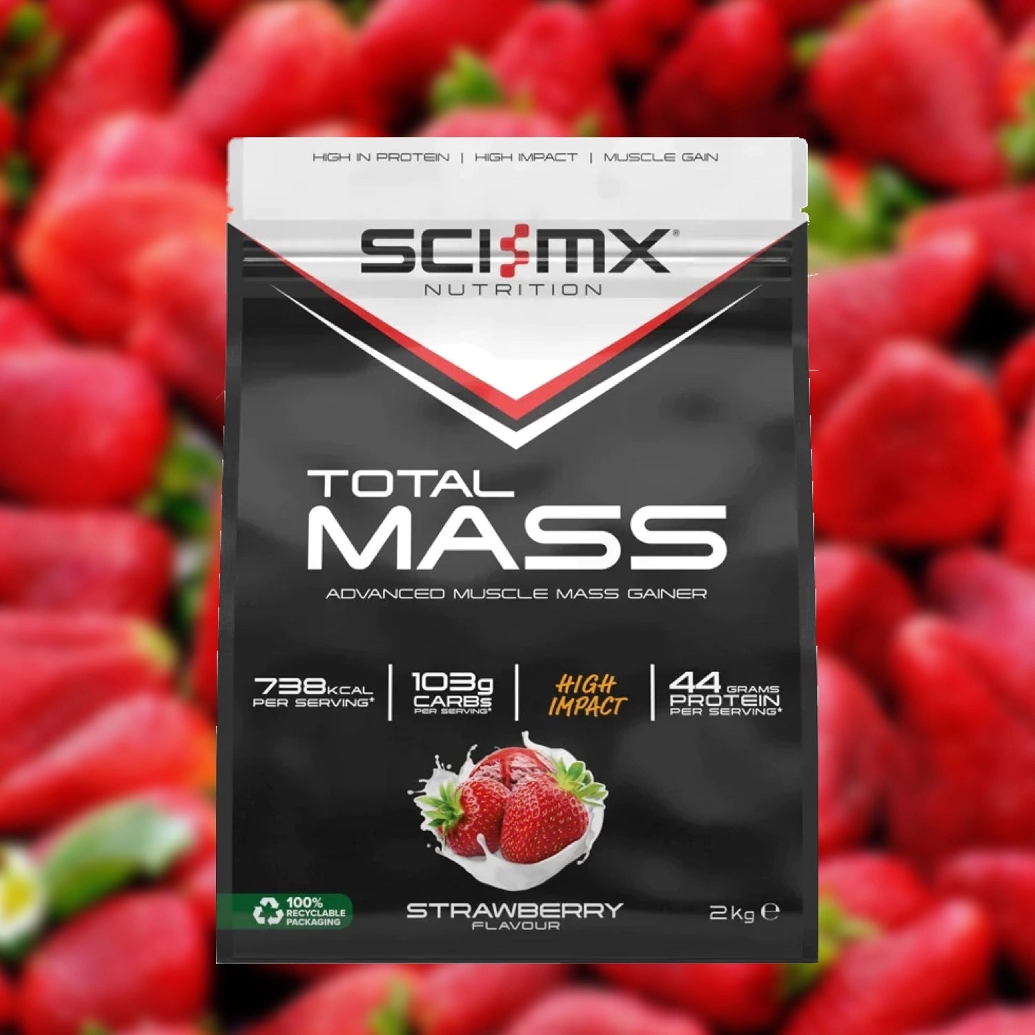 Sci-MX Nutrition Total Mass supplement package with strawberries in the background