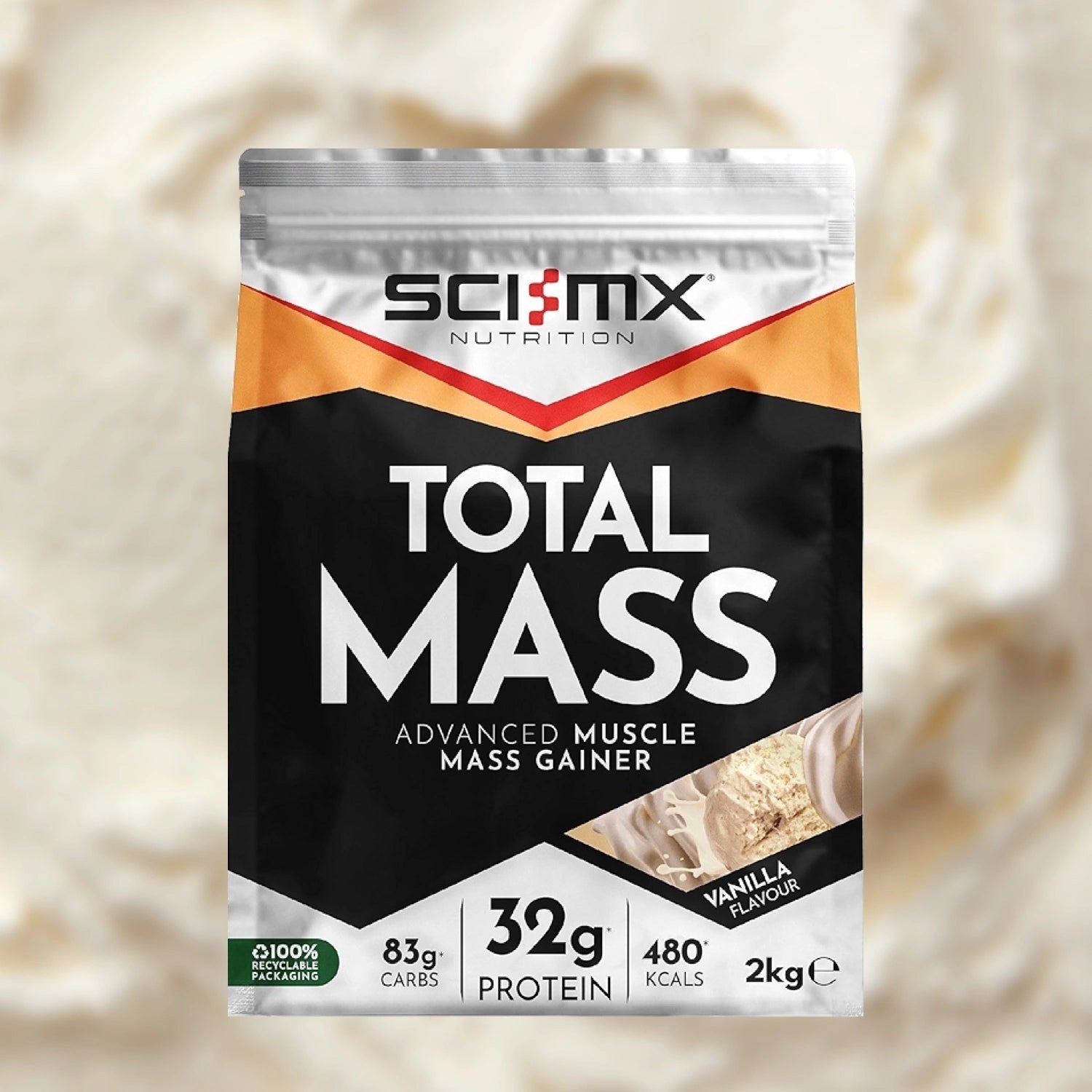 Sci-mx Nutrition Total Mass supplement package on a vanilla background