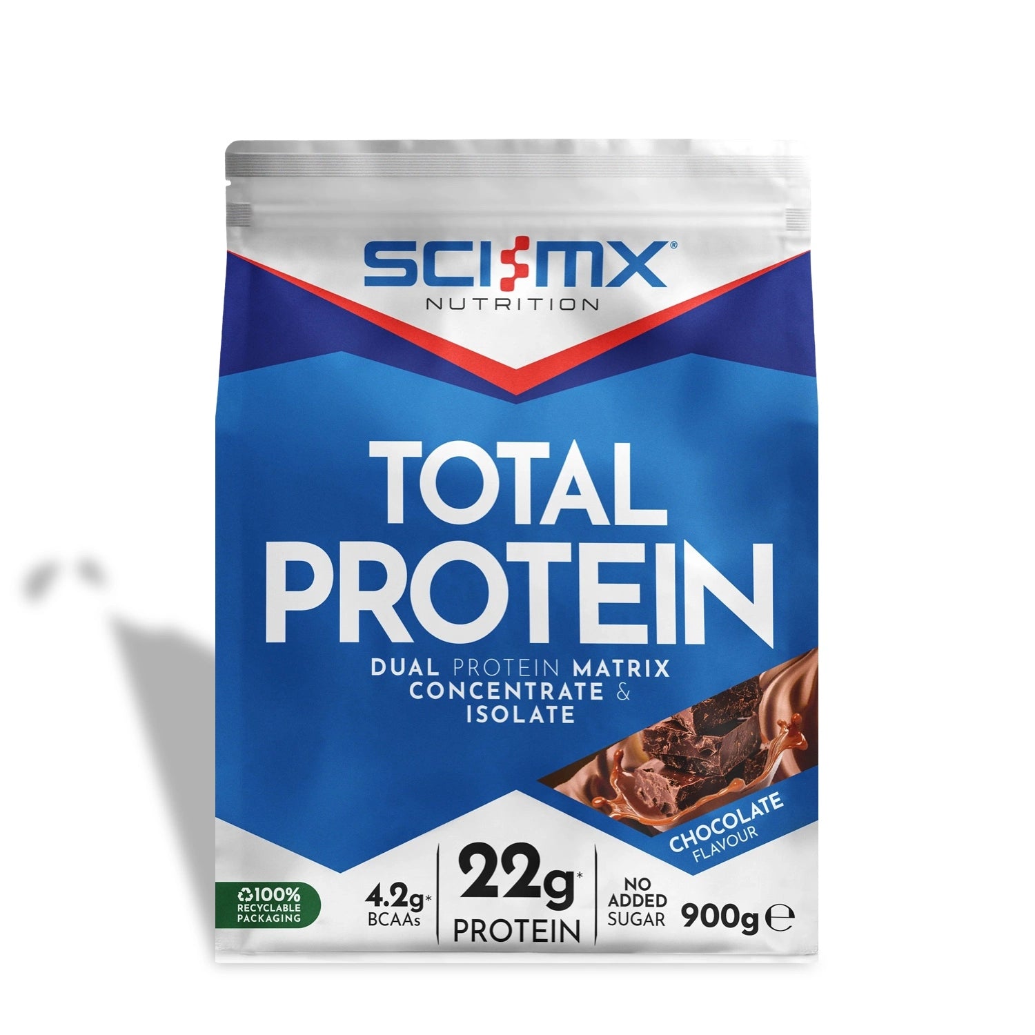 Sci-Mx Nutrition Total Protein package with chocolate flavor on a white background