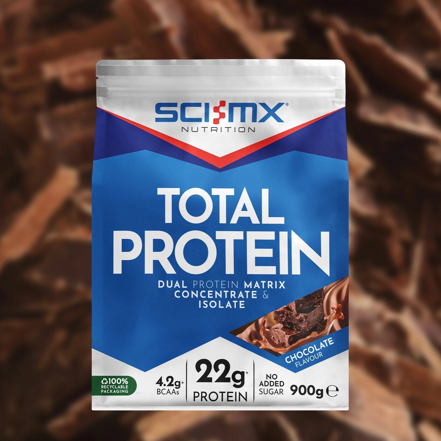 Sci-Mx Nutrition Total Protein package on a chocolate background