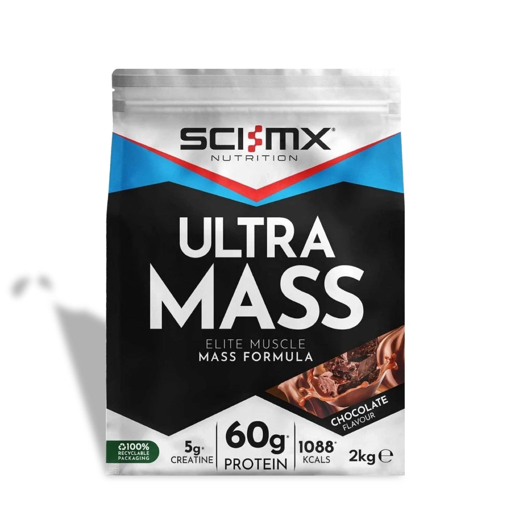 SCI-MX Ultra Mass Protein Gainer Chocolate on white background