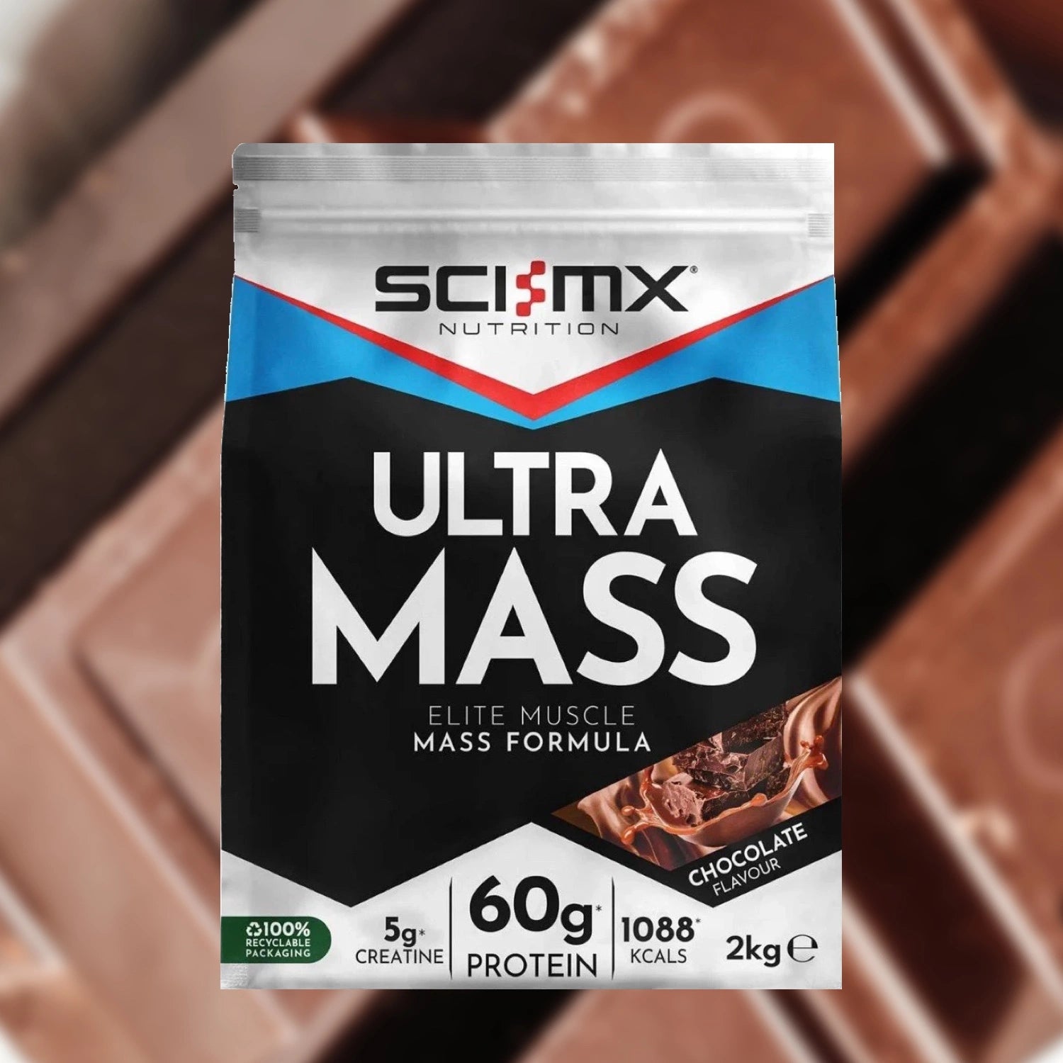 SCI-MX Ultra Mass Protein Gainer Chocolate sitting on chocolate pieces