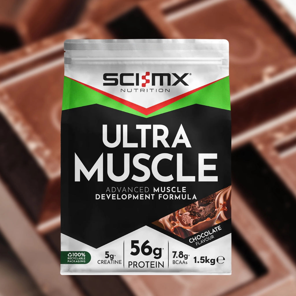 Sci-MX Nutrition Ultra Muscle supplement package on a chocolate background