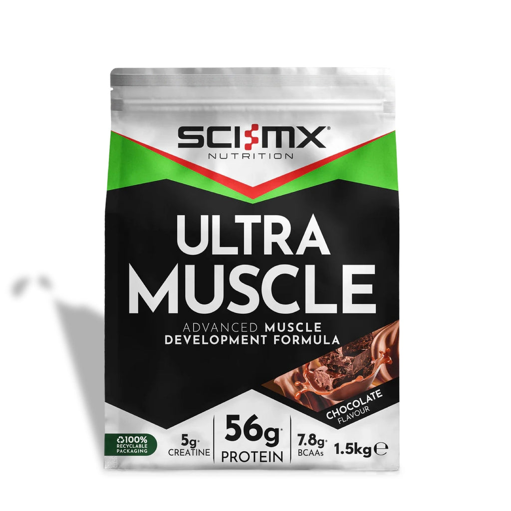 Sci-MX Nutrition Ultra Muscle in chocolate flavour on white background