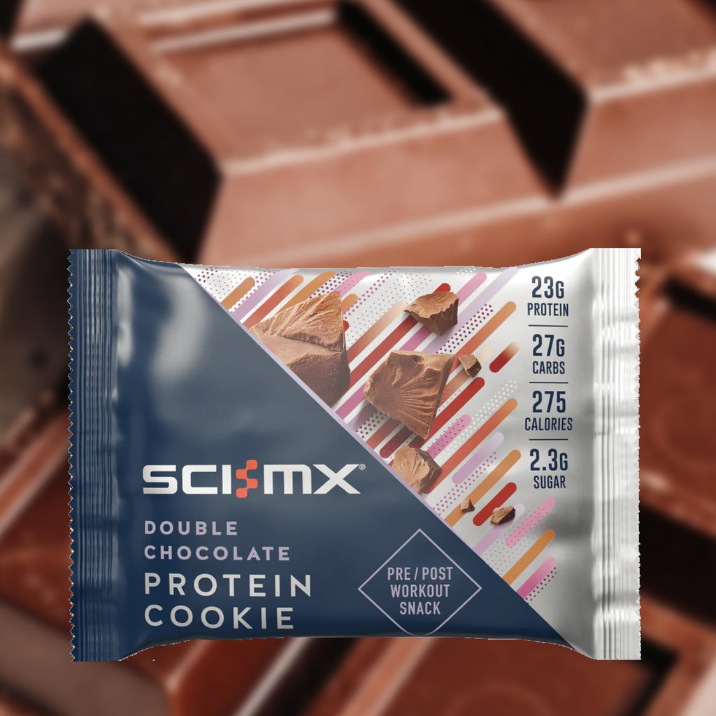 Sci-MX Double Chocolate Protein Cookie package with chocolate background
