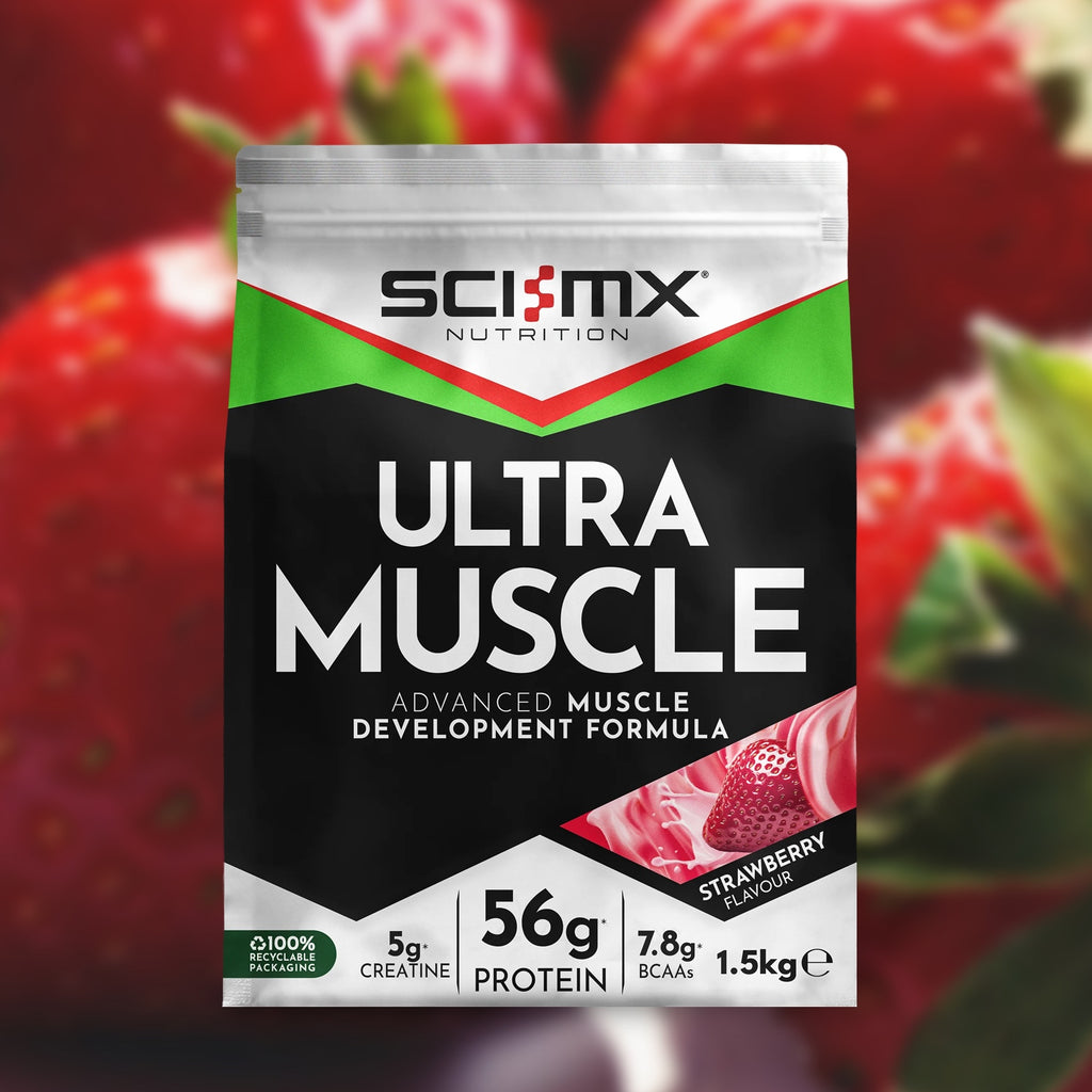 Sci-Mx Nutrition Ultra Muscle supplement package with strawberries in the background